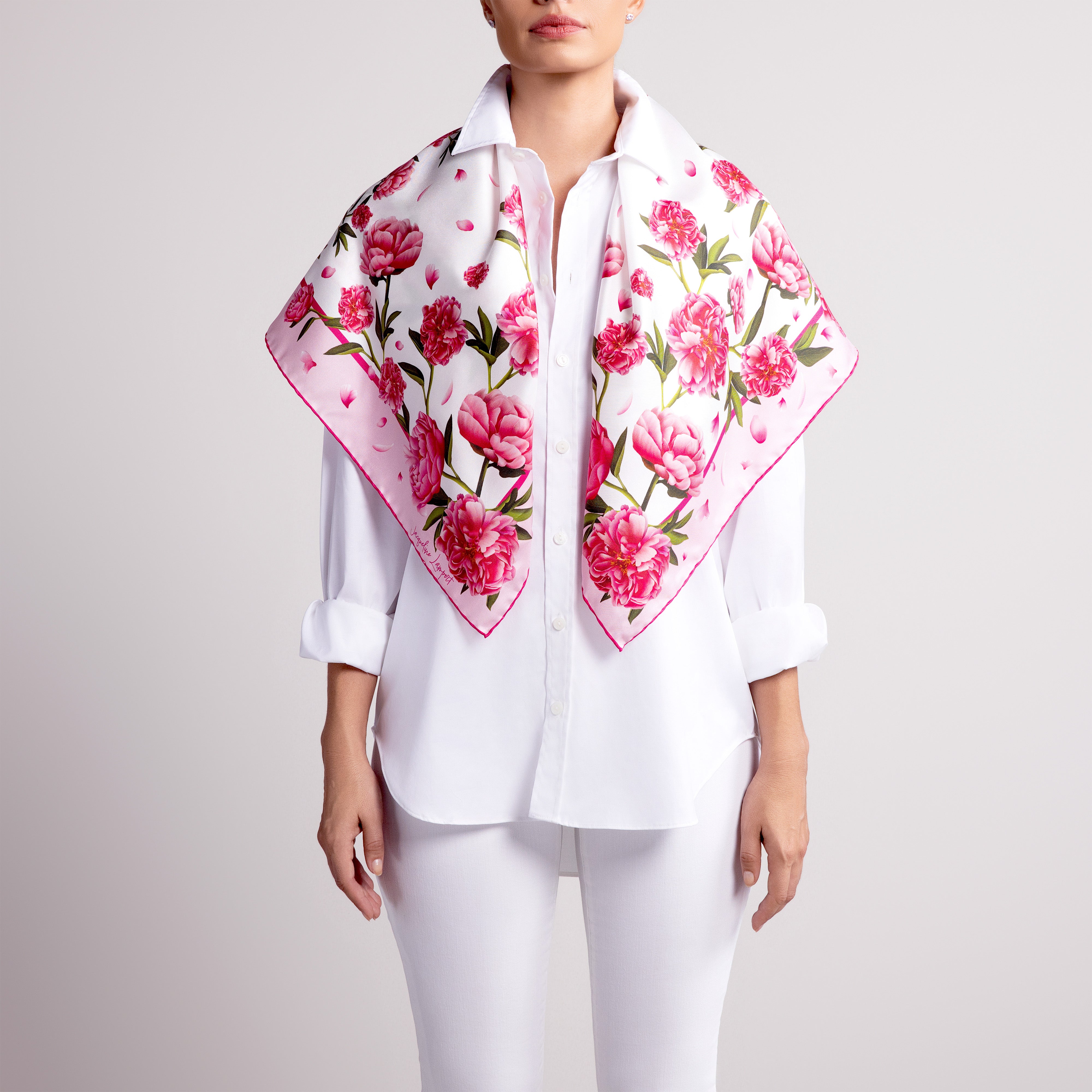 Peony Silk Scarf with Hand-Rolled Hem in White