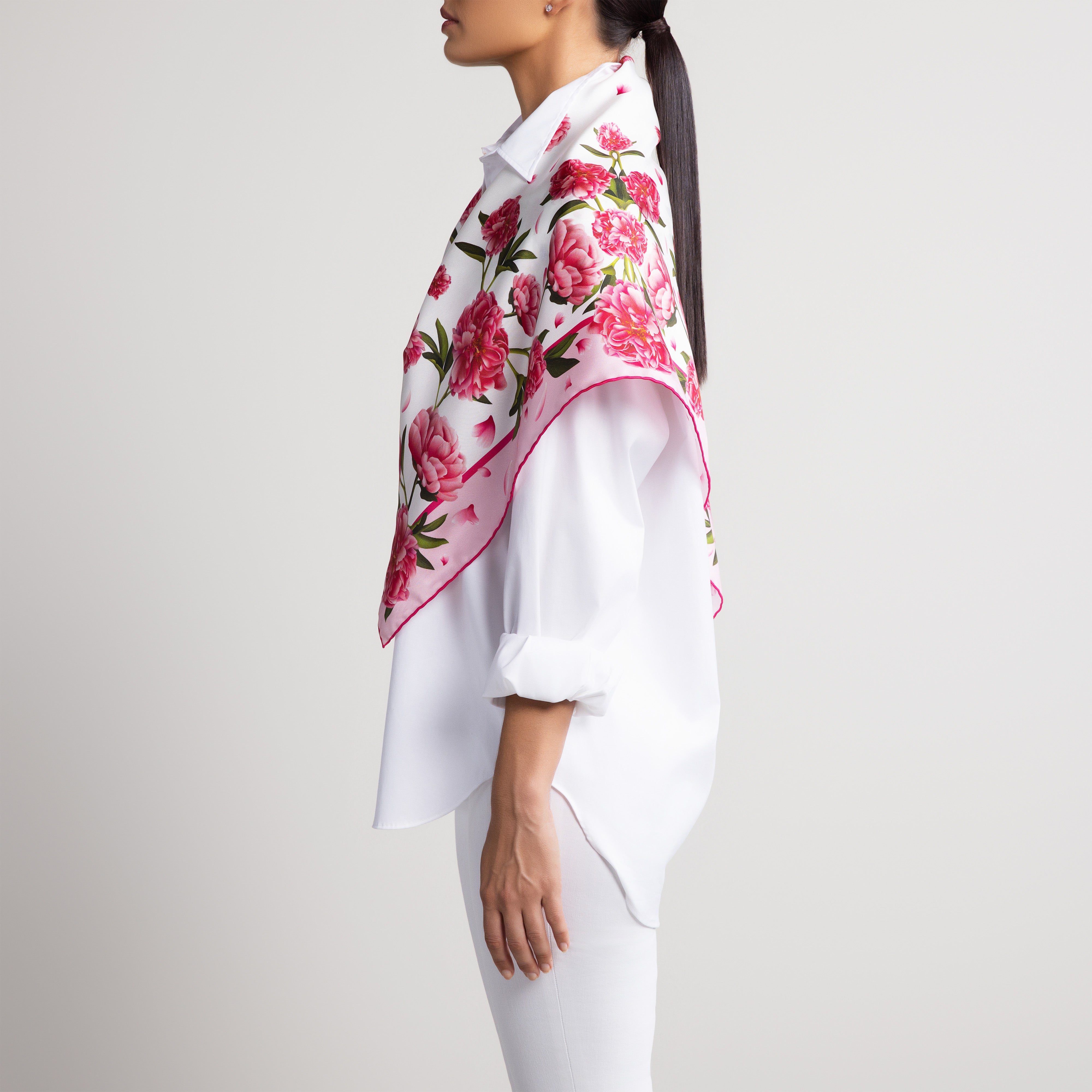 Peony Silk Scarf with Hand-Rolled Hem in White