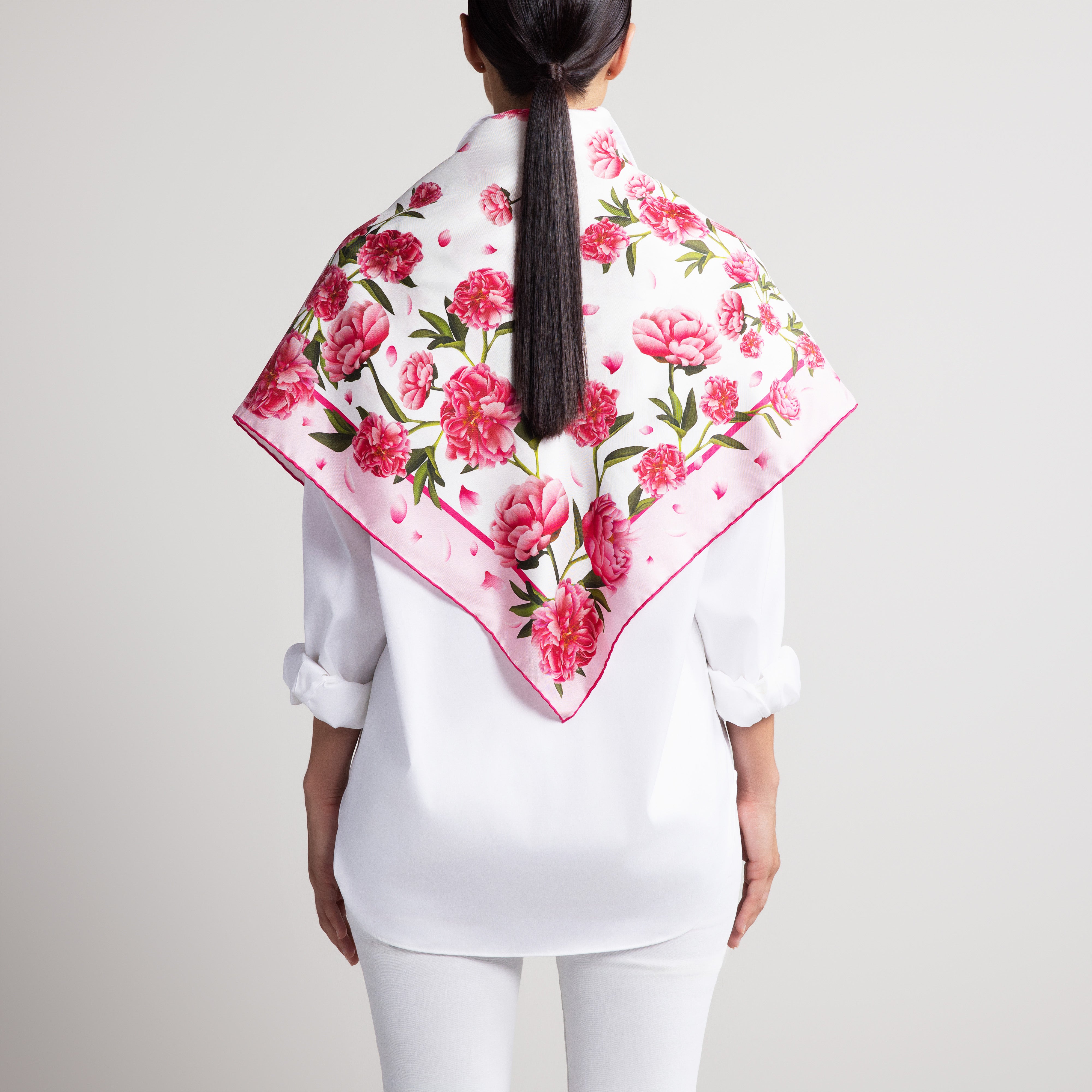 Peony Silk Scarf with Hand-Rolled Hem in White