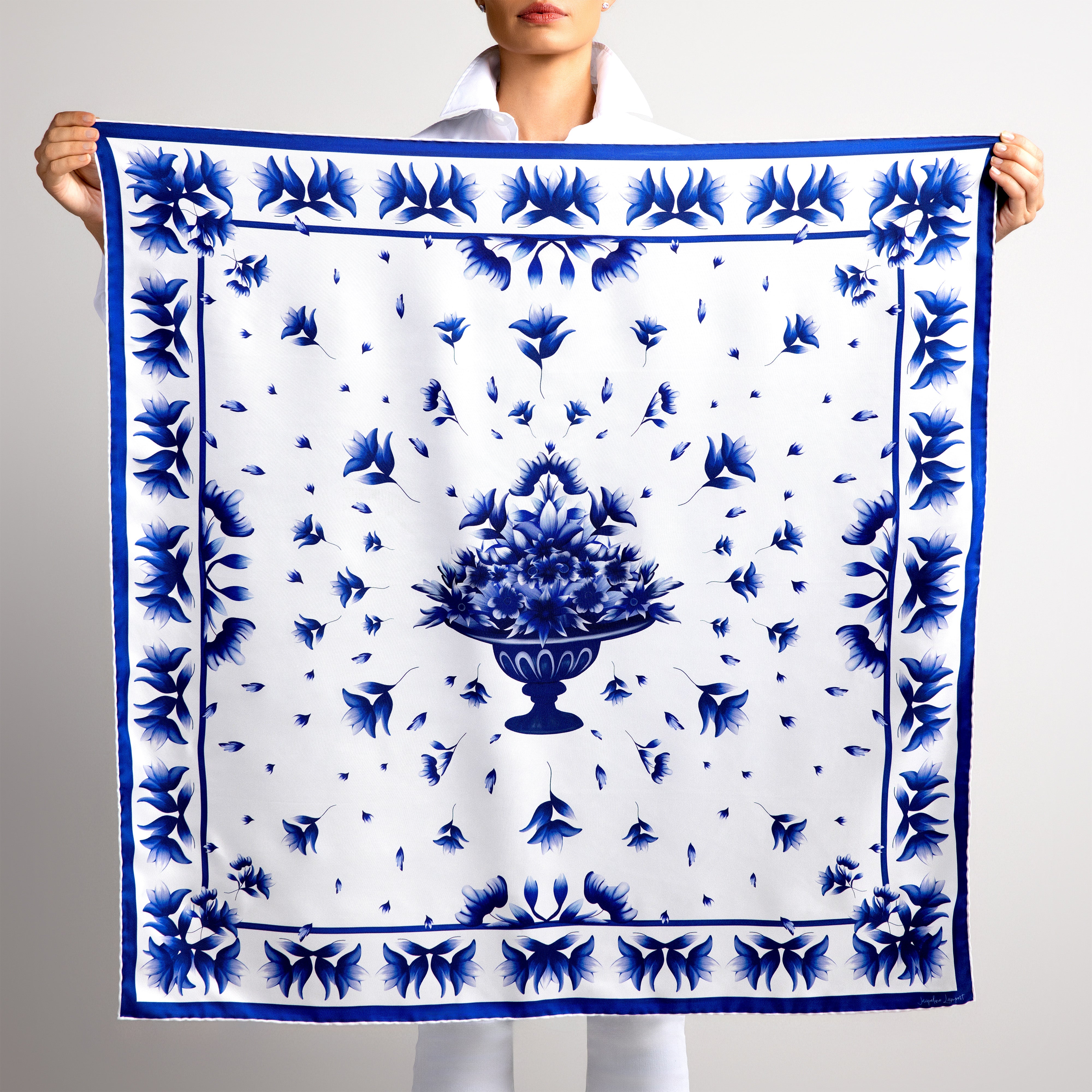 Azul Silk Scarf with Hand-Rolled Hem in White