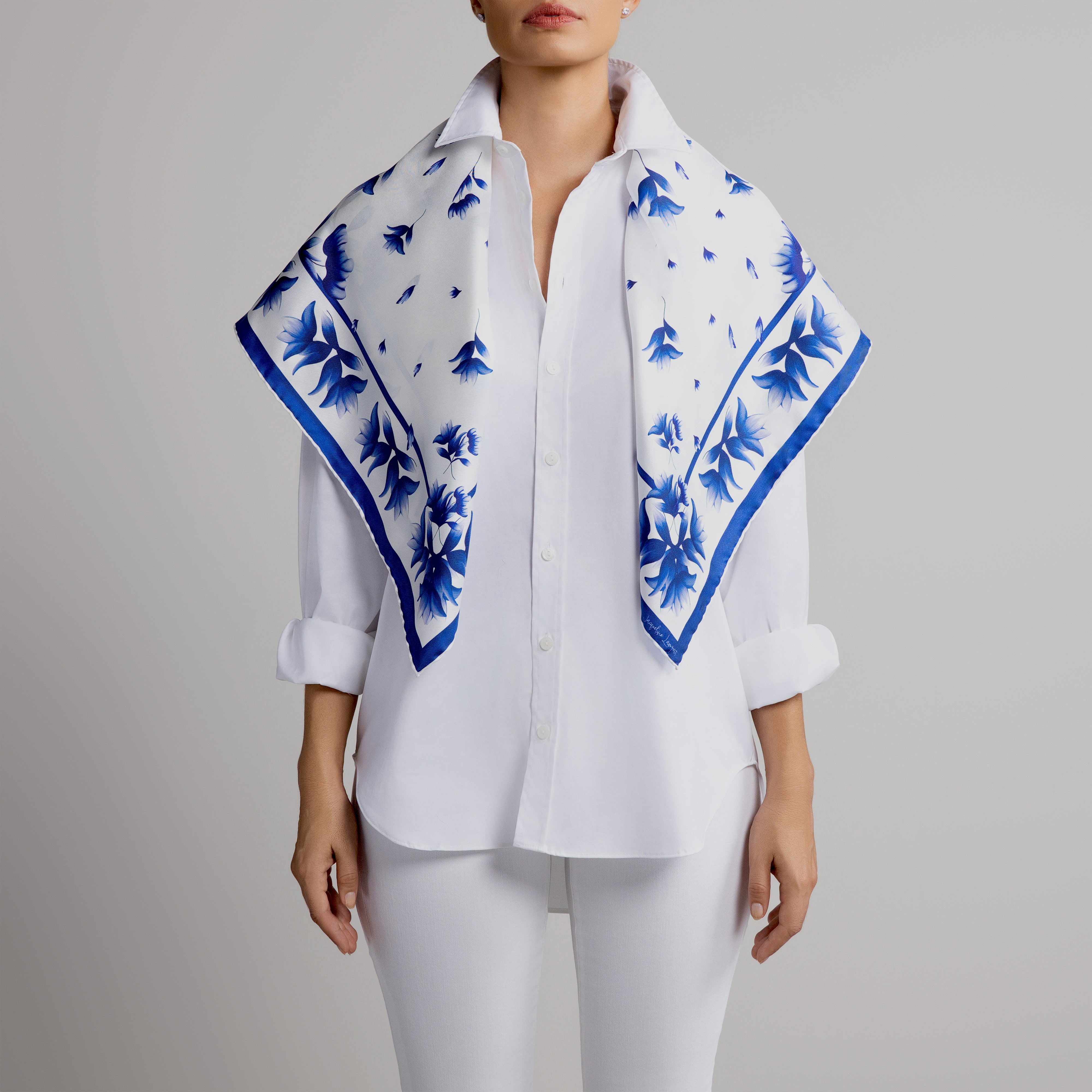 Azul Silk Scarf with Hand-Rolled Hem in White