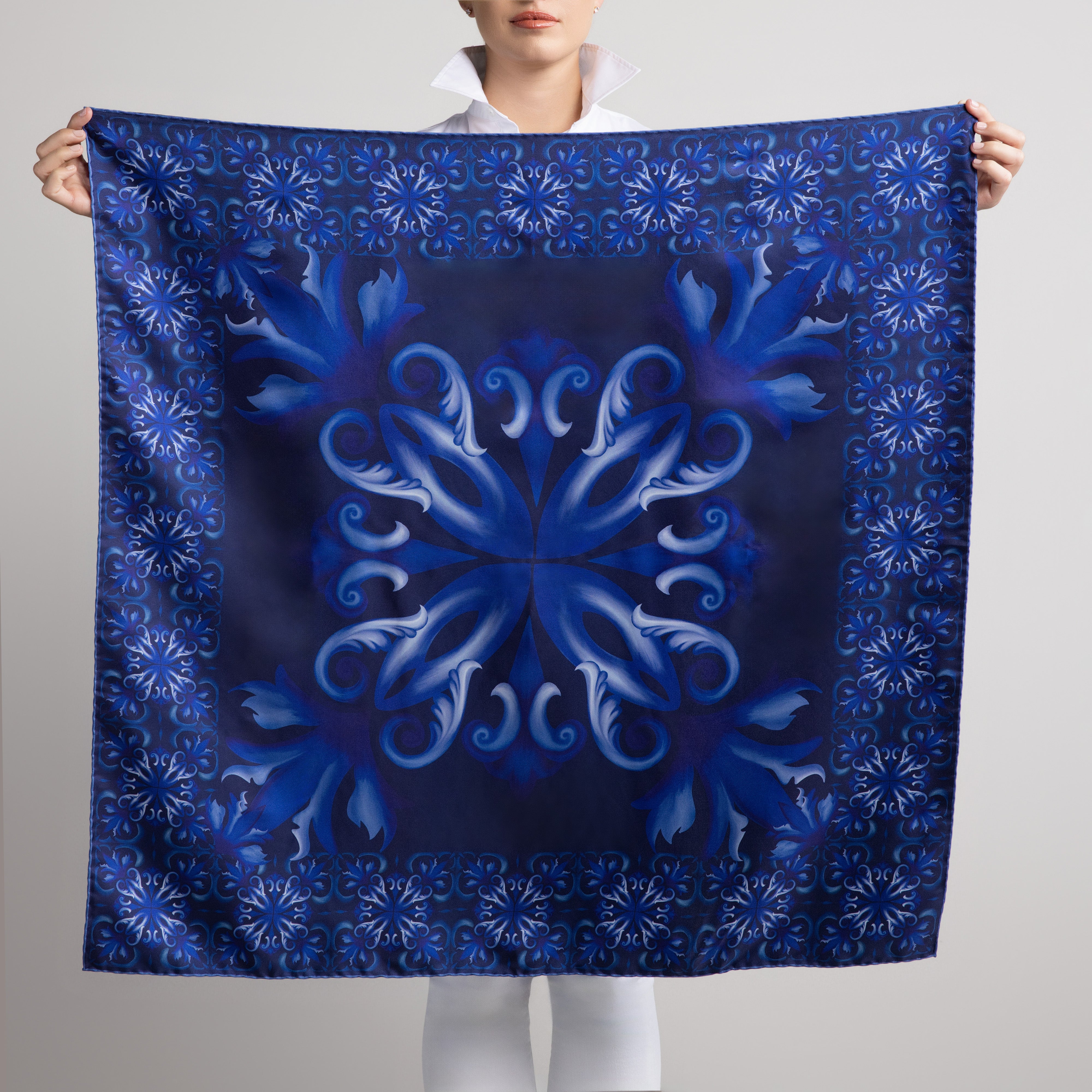 Porto Silk Scarf with Hand-Rolled Hem in Navy Blue