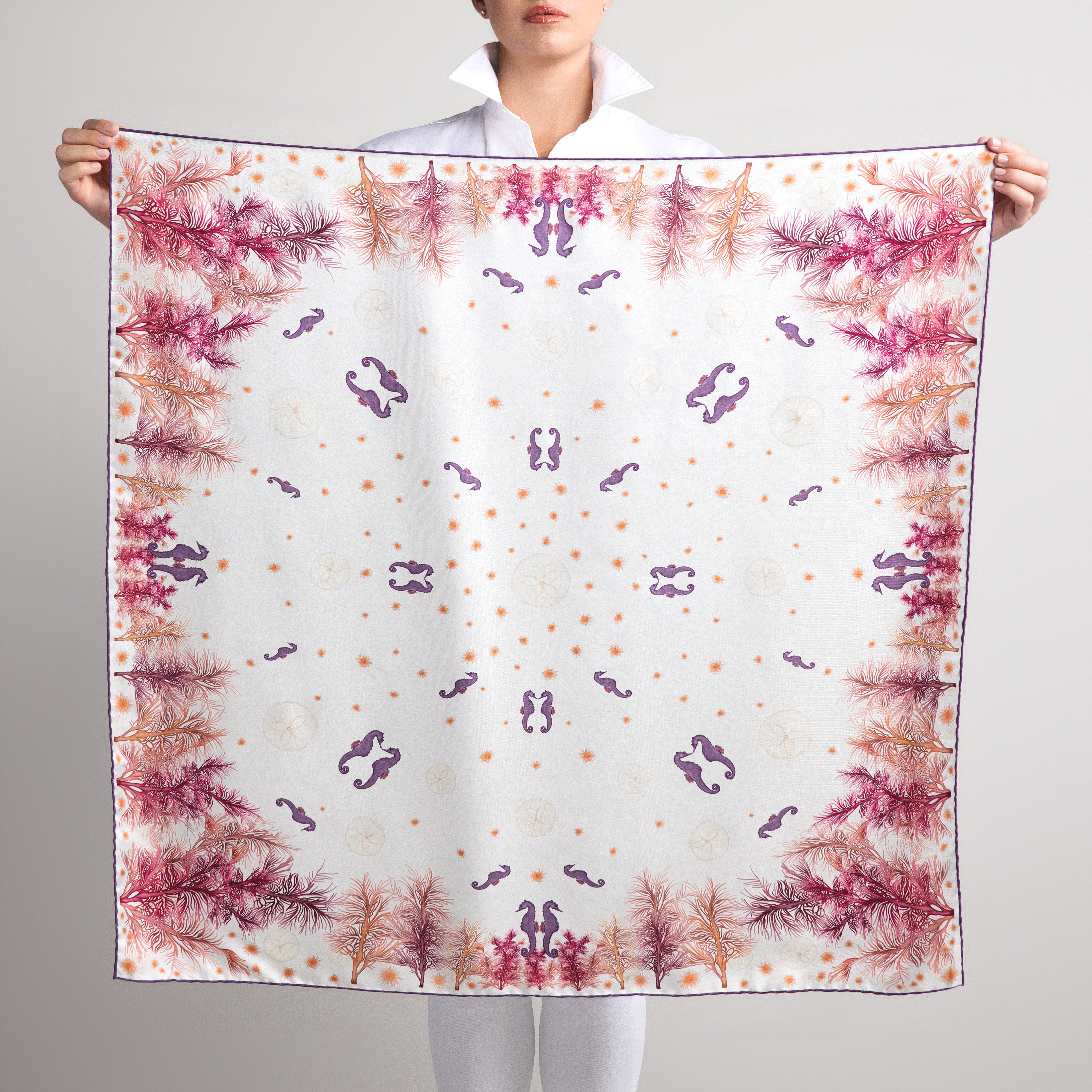 Galapagos Silk Scarf with Hand-Rolled Hem in Cream