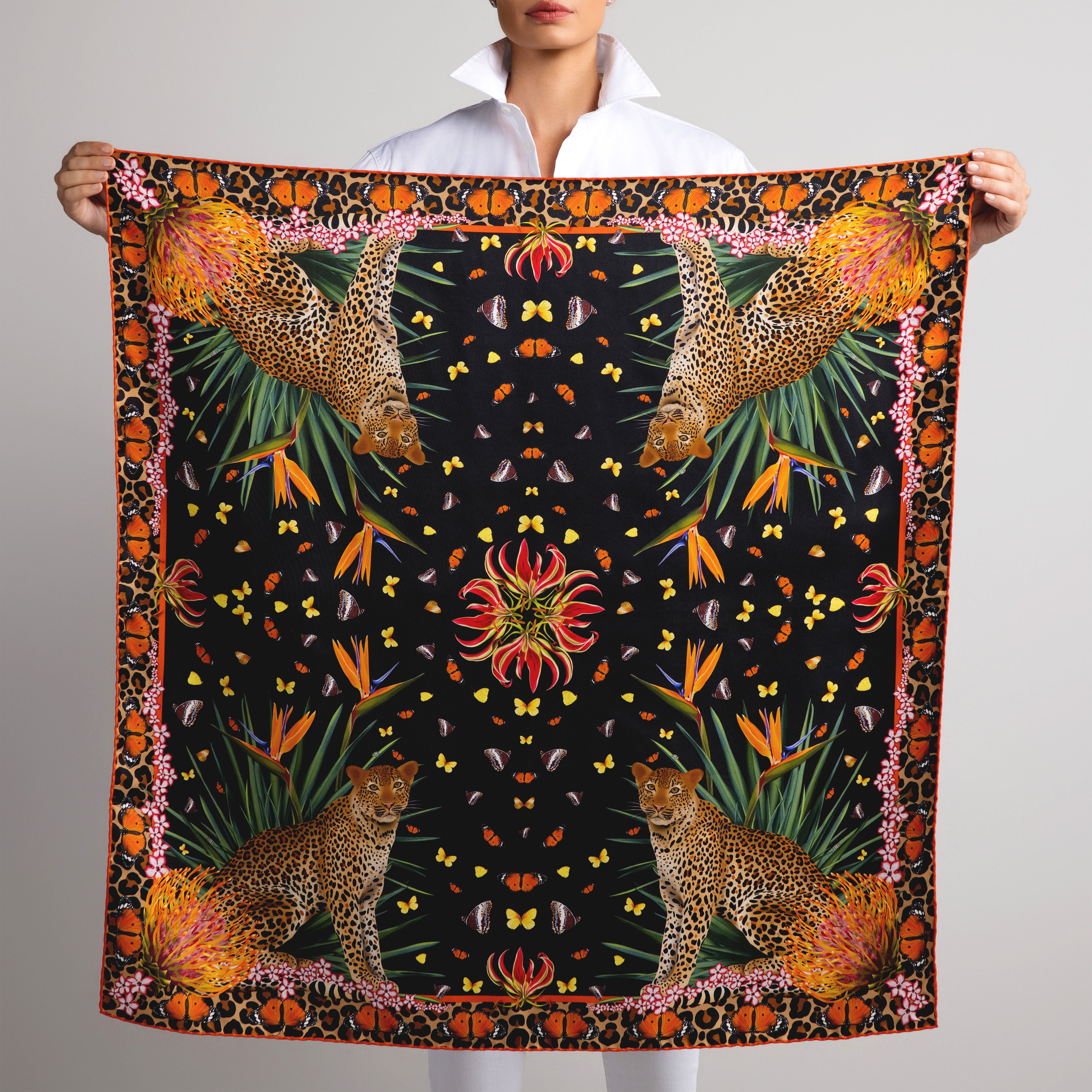 Leopard & Butterfly Silk Scarf in Black with Hand-Rolled Hem