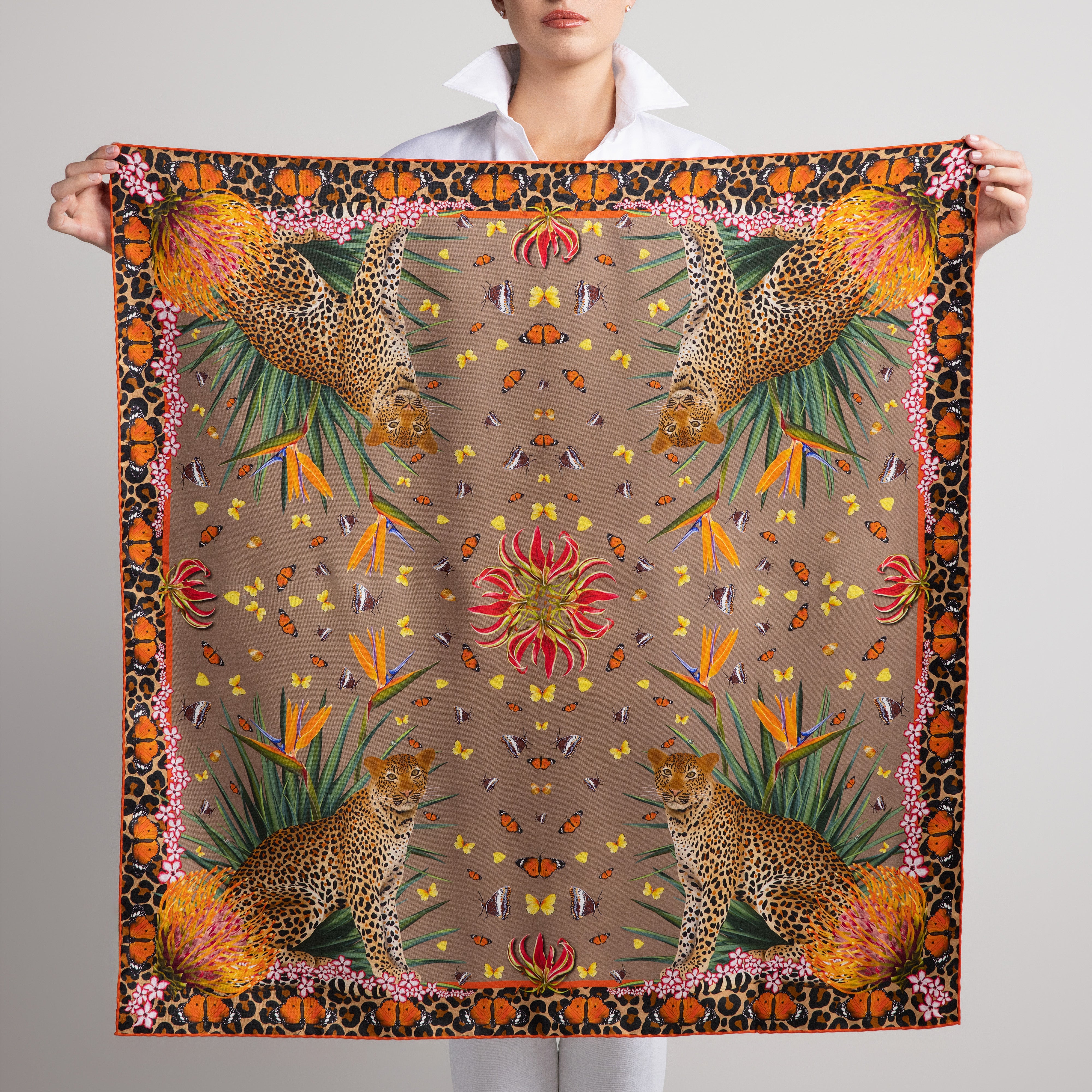Leopard & Butterfly Silk Scarf in Tan with Hand-Rolled Hem