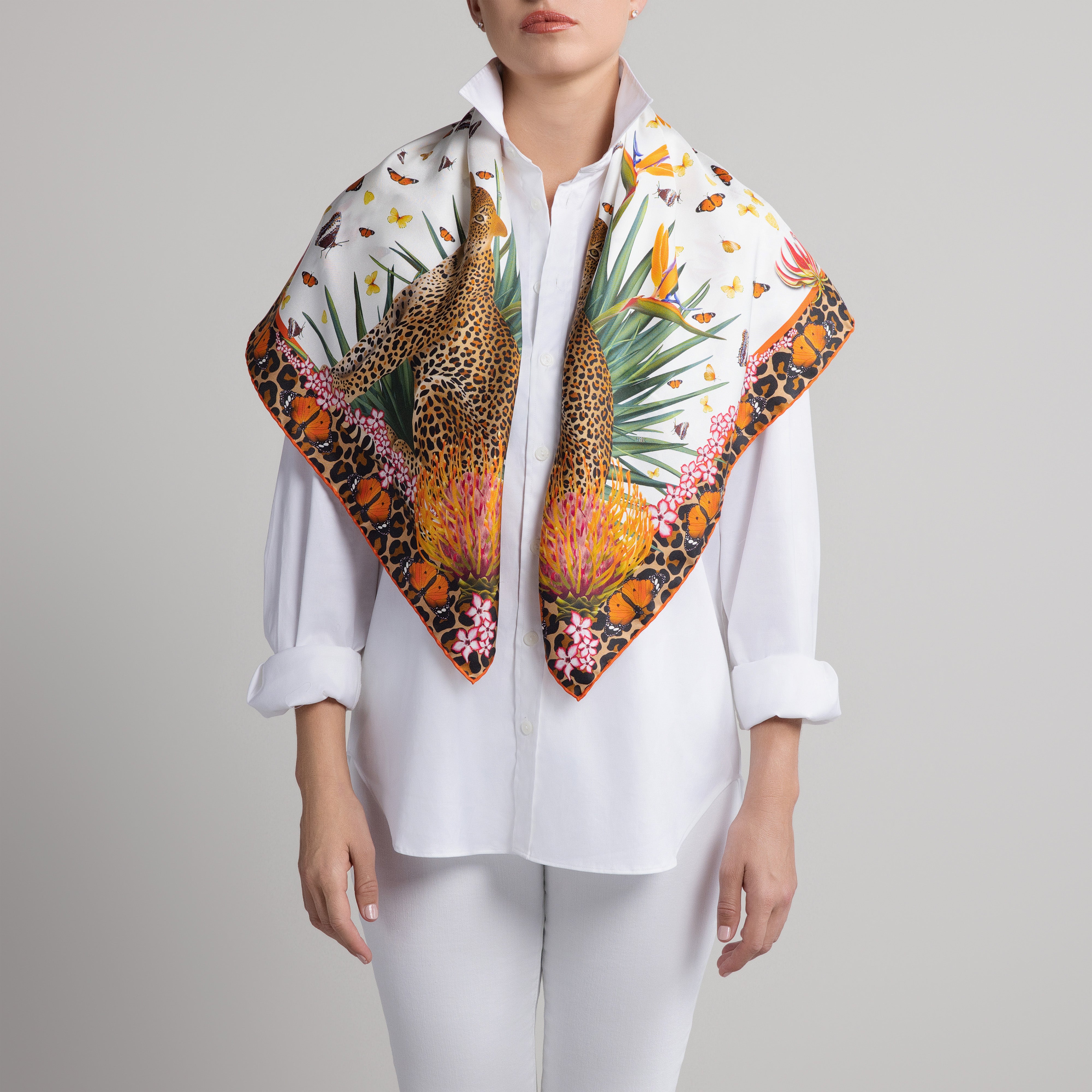 Leopard & Butterfly Silk Scarf in White with Hand-Rolled Hem
