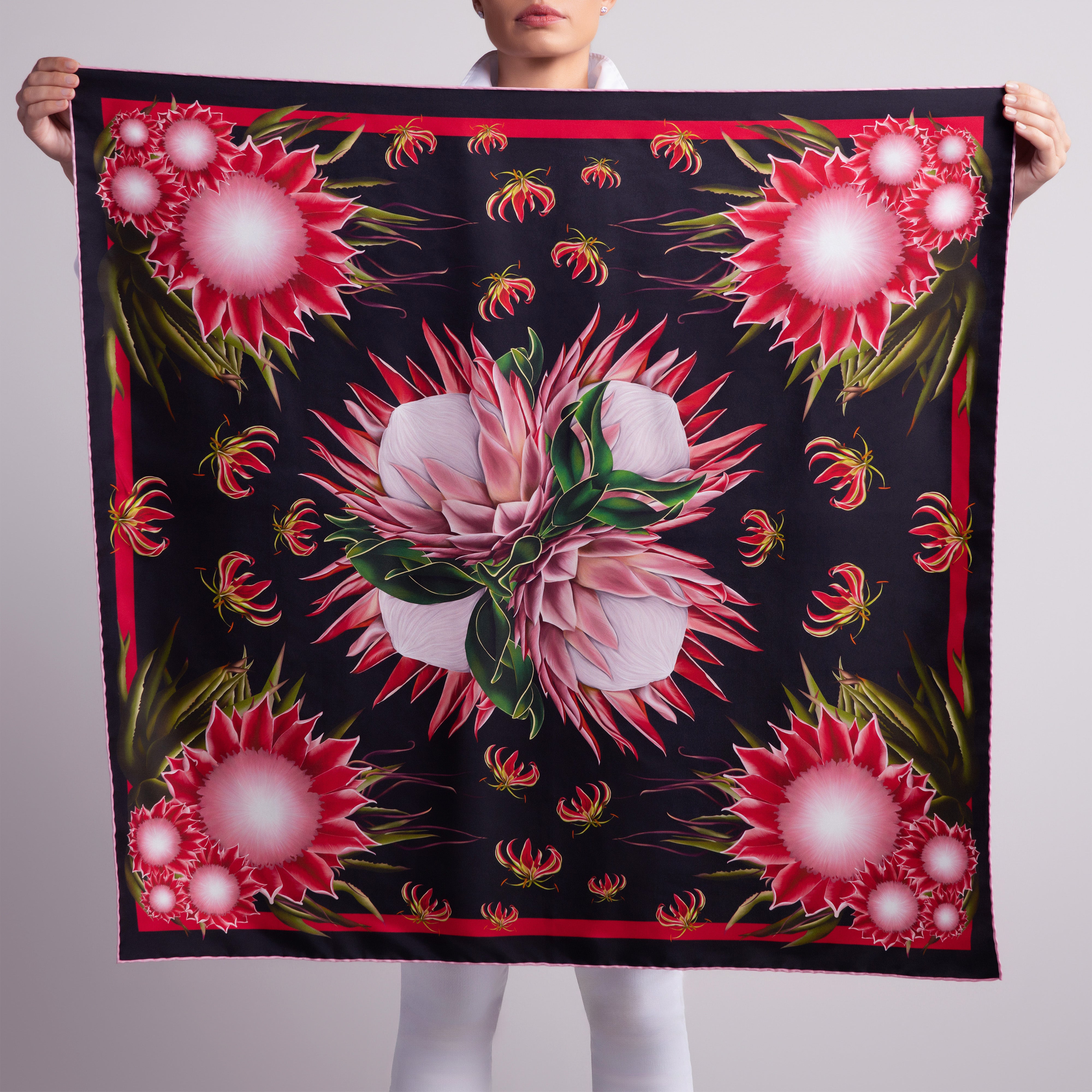 Protea Silk Scarf with Hand-Rolled Hem in Black
