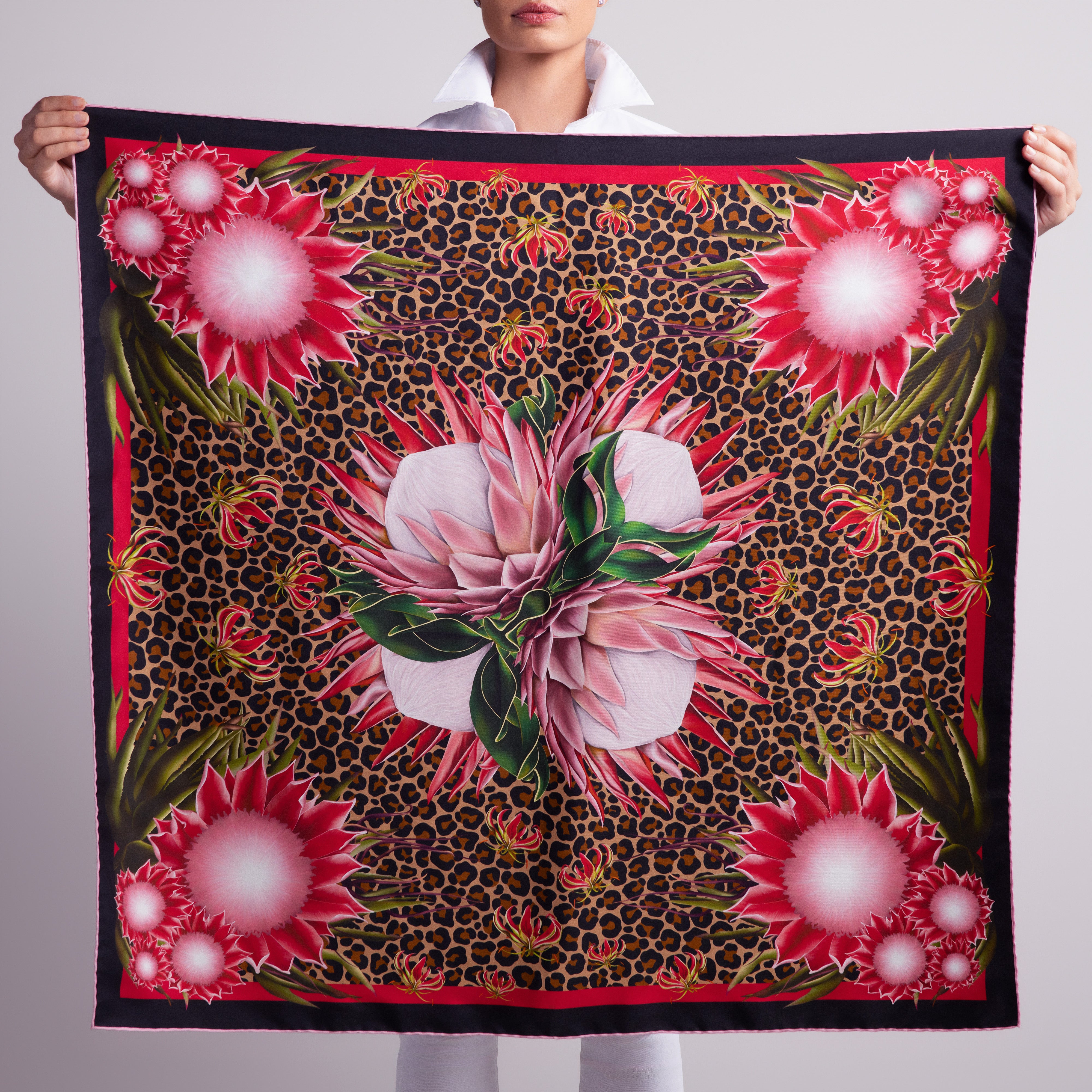 Protea Silk Scarf with Hand-Rolled Hem in Leopard Print