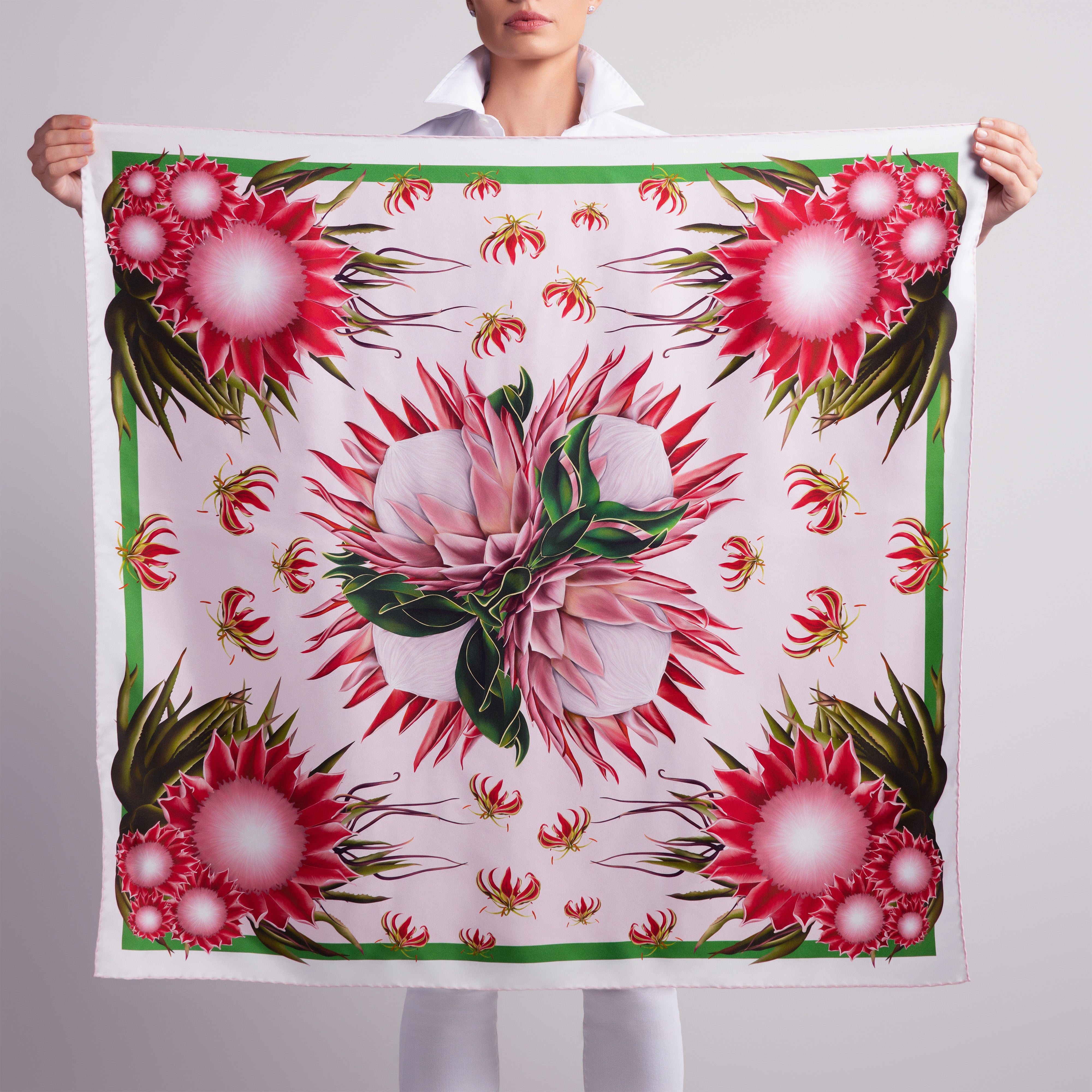 Protea Silk Scarf with Hand-Rolled Hem in Pale Pink