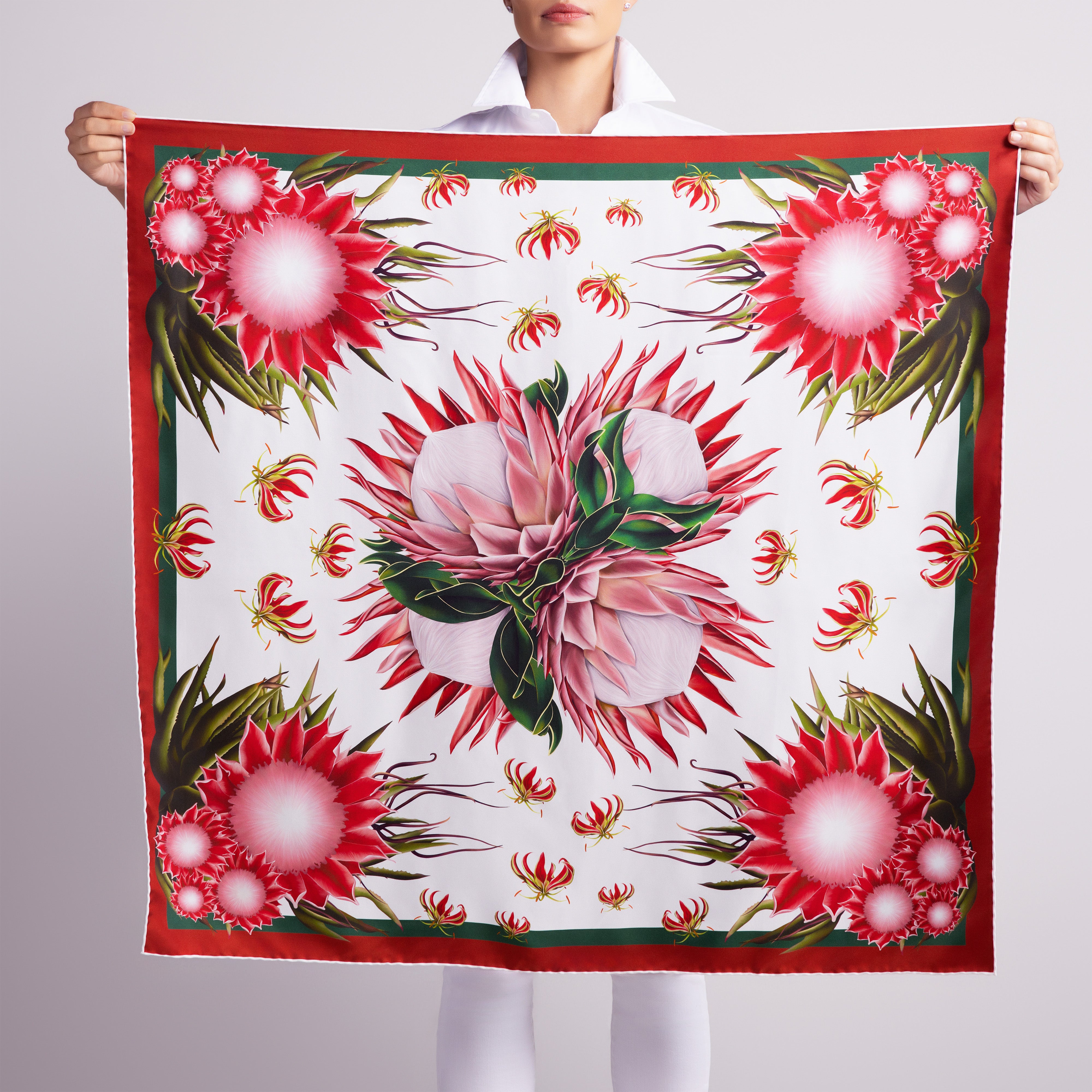 Protea Silk Scarf with Hand-Rolled Hem in White