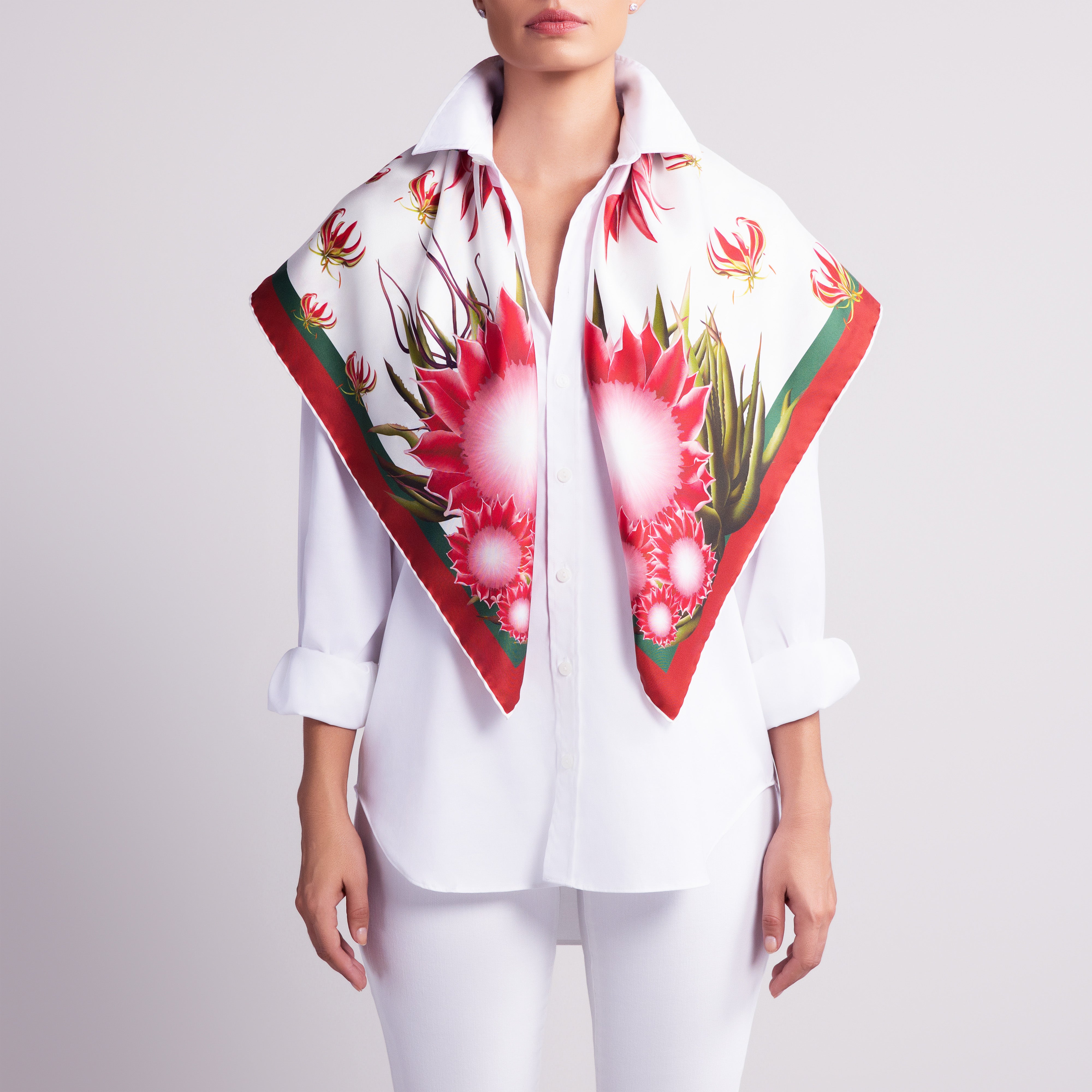 Protea Silk Scarf with Hand-Rolled Hem in White