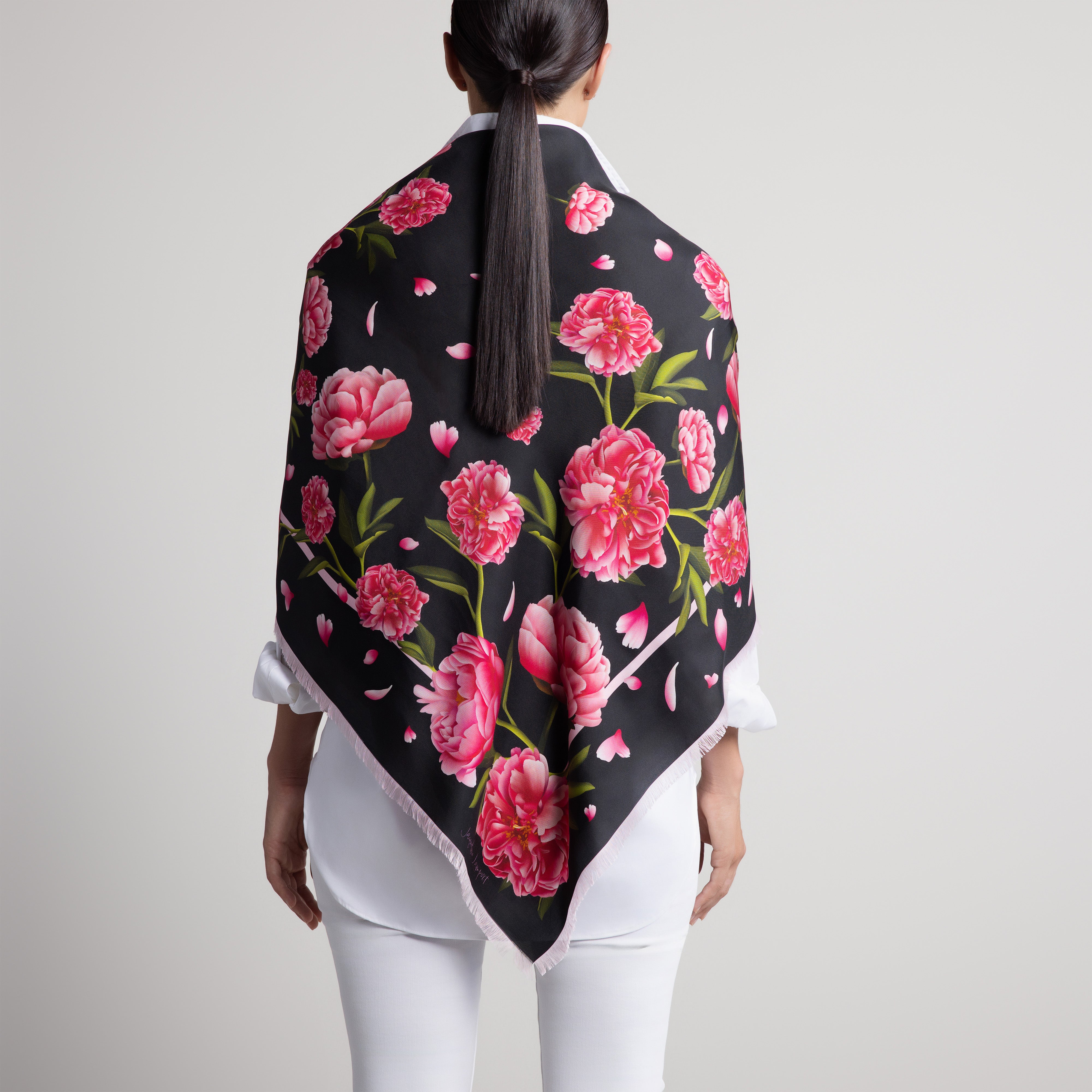 Peony Grande Silk Scarf in Black with Hand-Feathered Edges