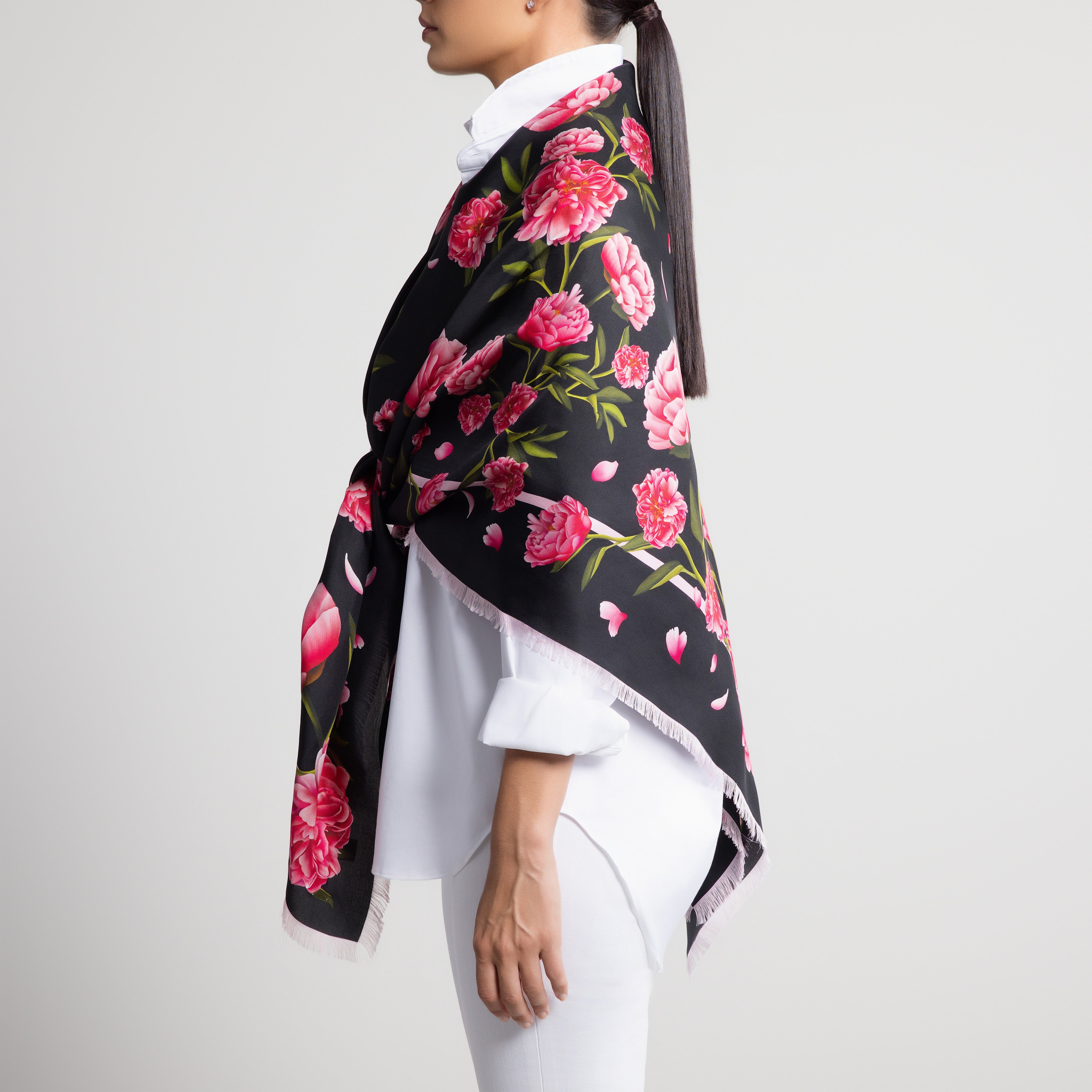 Peony Grande Silk Scarf in Black with Hand-Feathered Edges