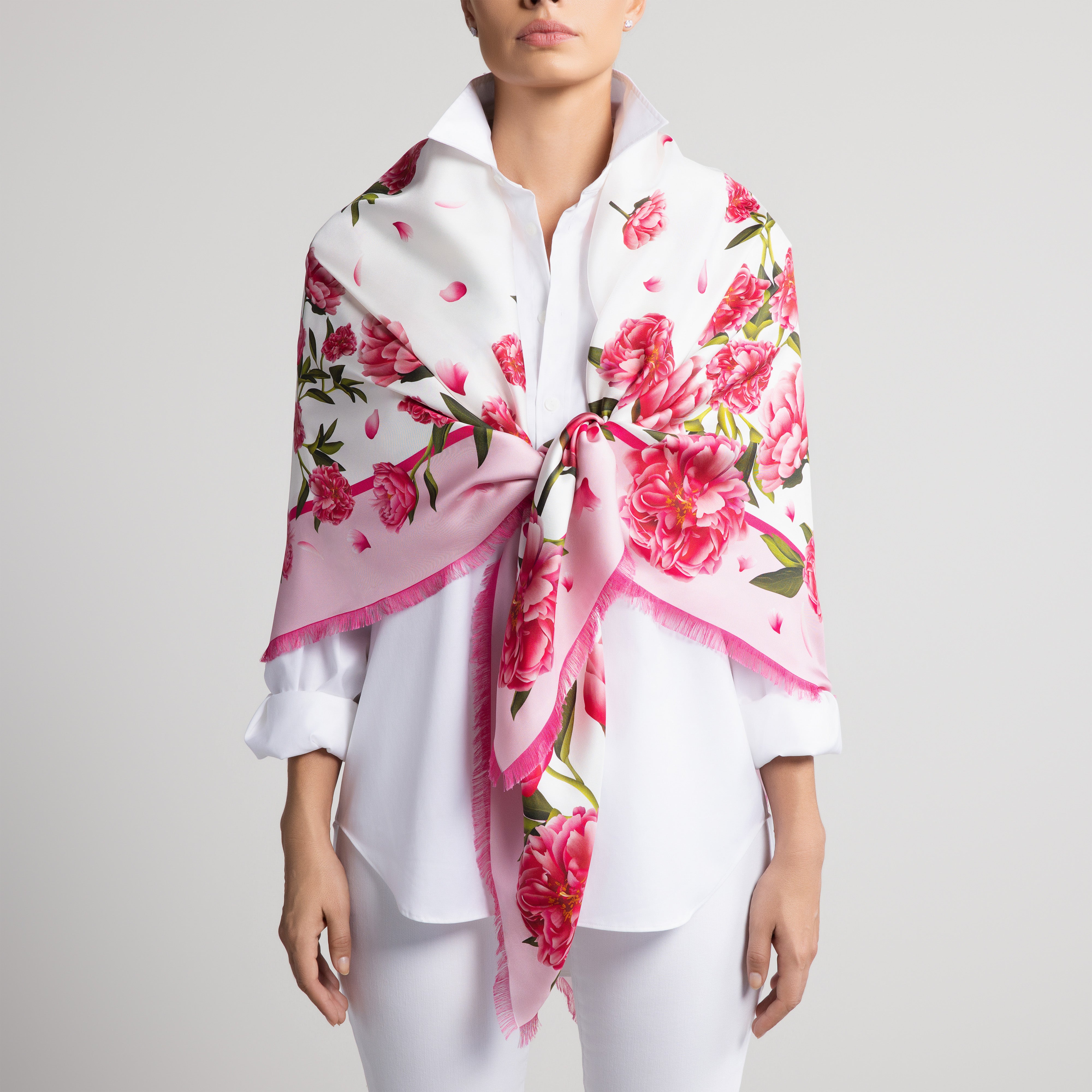 Peony Grande Silk Scarf in White with Hand-Feathered Edges