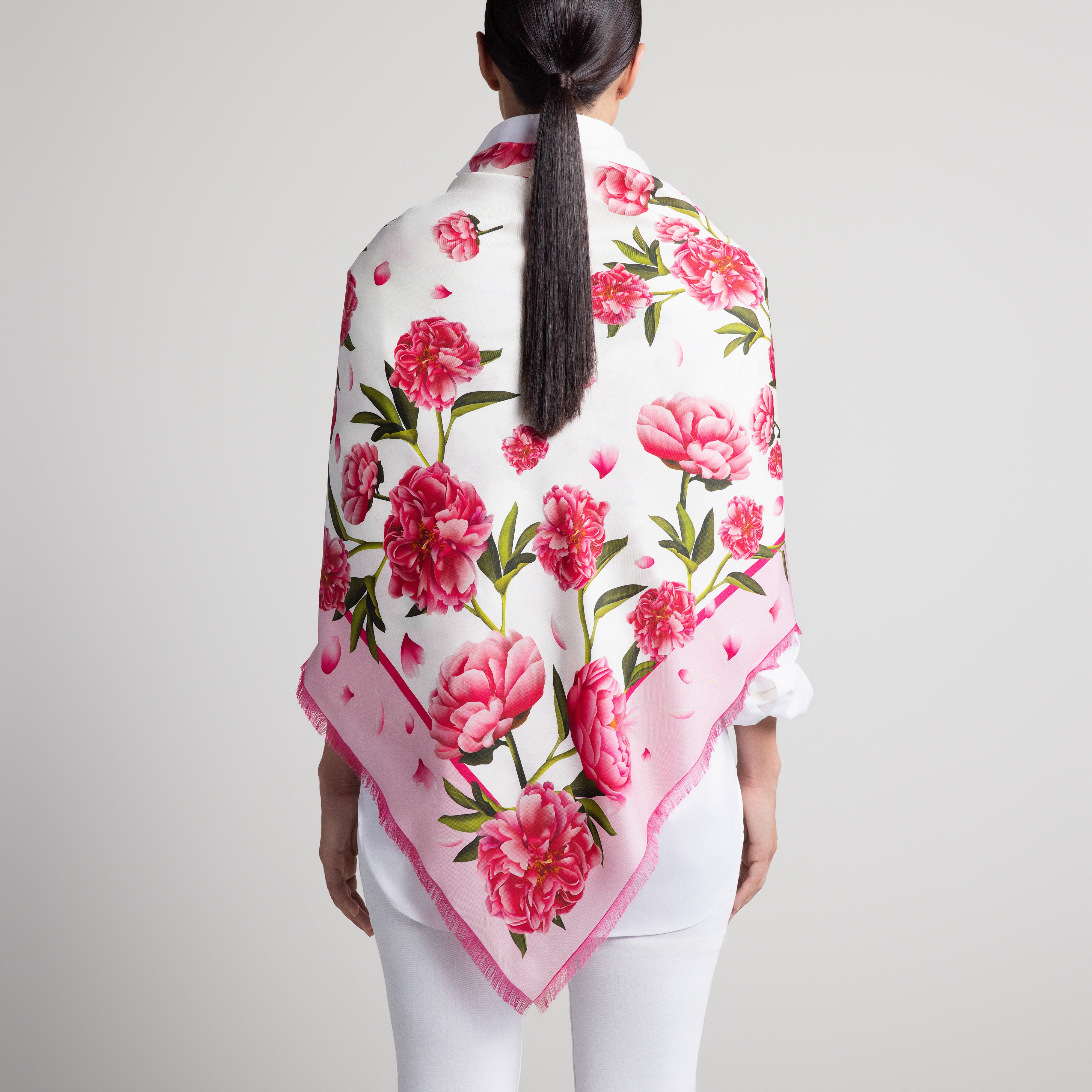 Peony Grande Silk Scarf in White with Hand-Feathered Edges