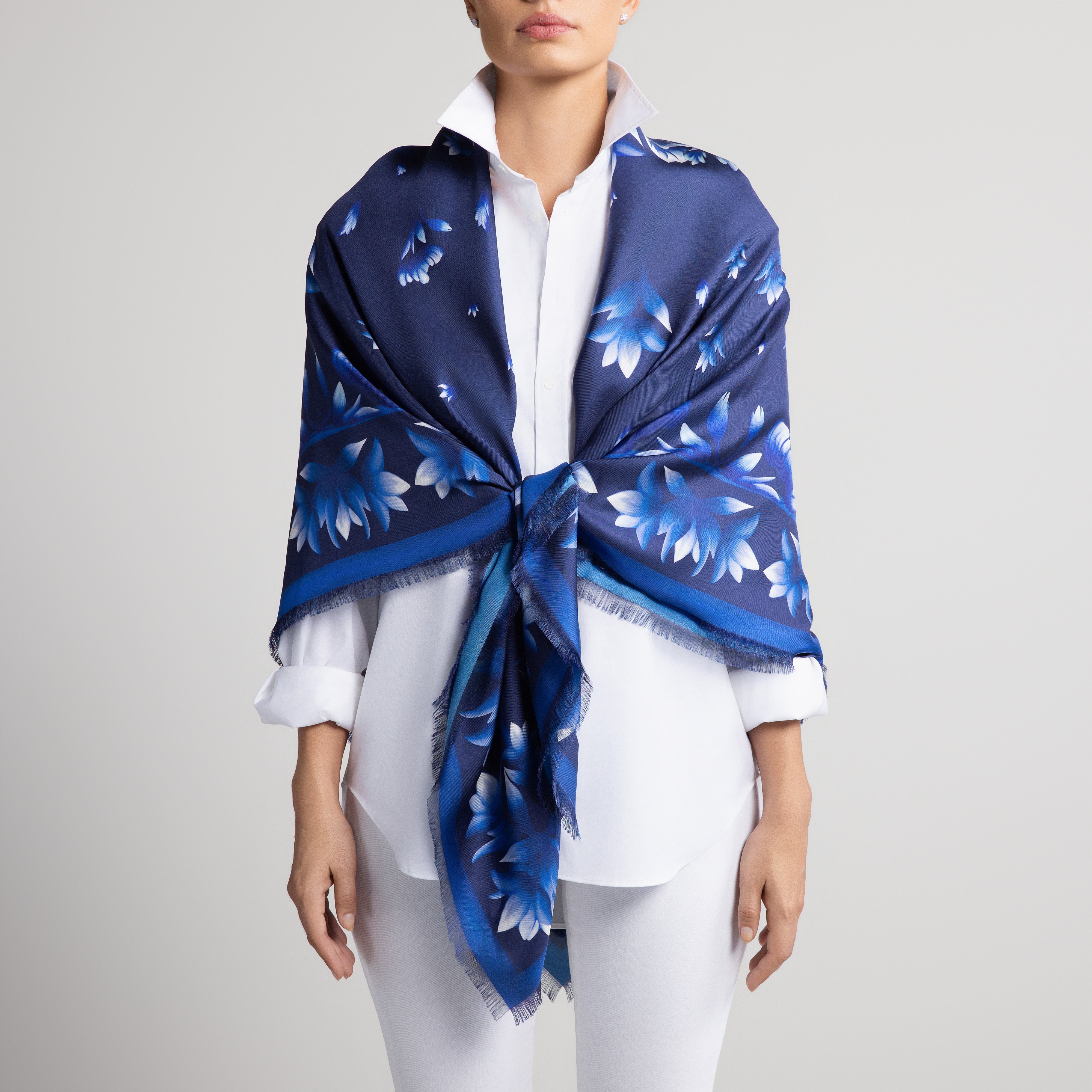 Azul Grande Silk Scarf in Navy Blue with Hand-Feathered Edges