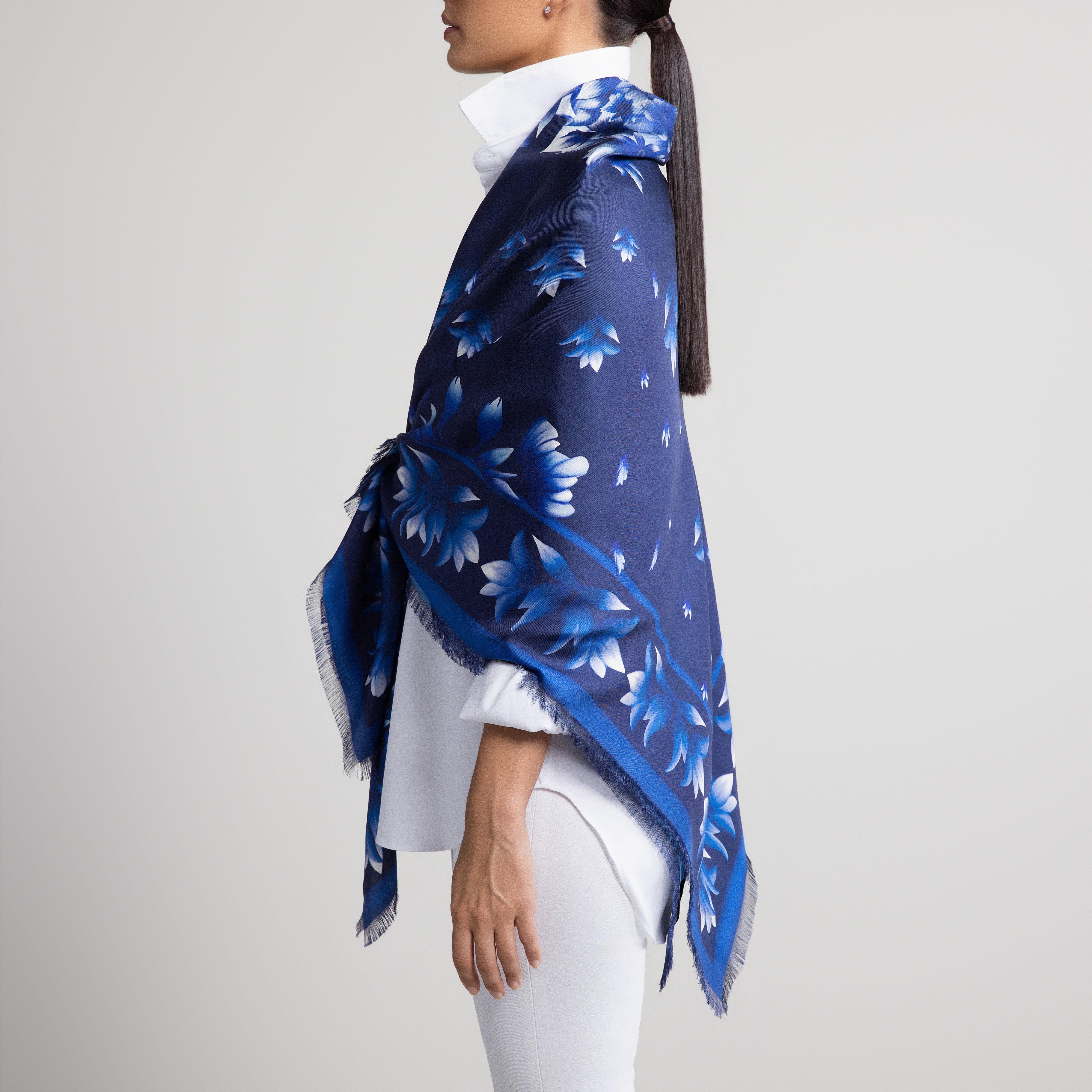 Azul Grande Silk Scarf in Navy Blue with Hand-Feathered Edges