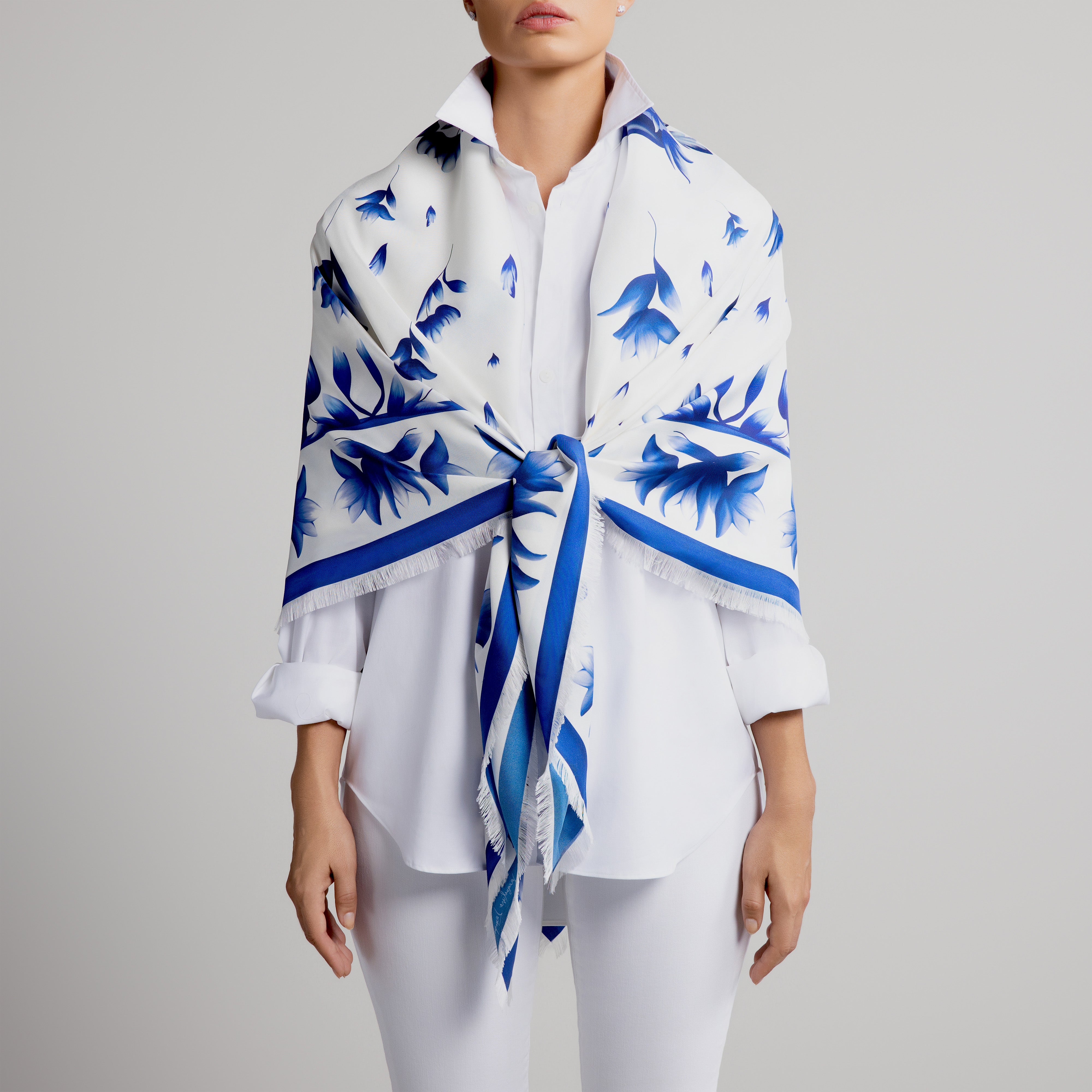 Azul Grande Silk Scarf in White with Hand-Feathered Edges