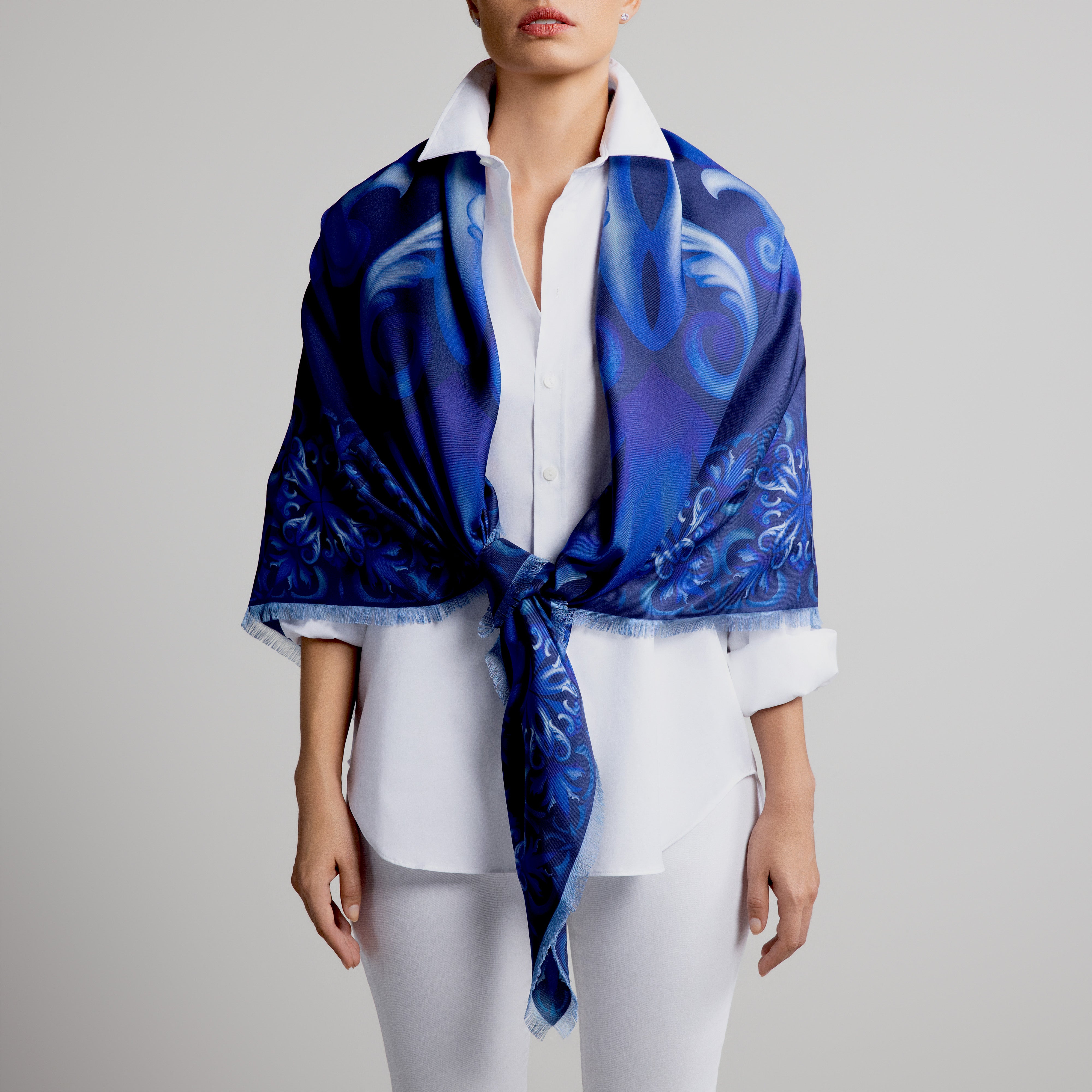 Porto Grande Silk Scarf in Navy Blue with Hand-Feathered Edges