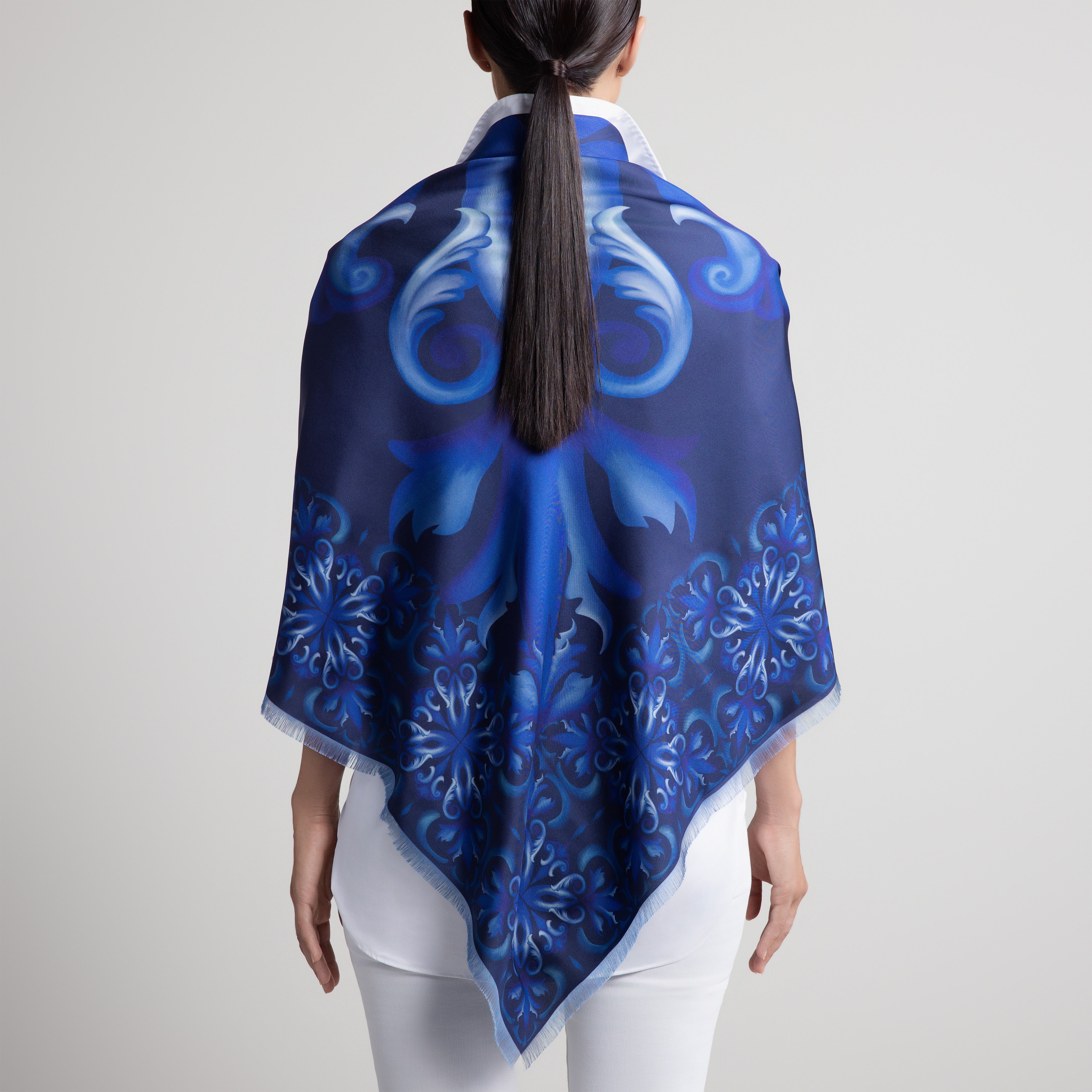Porto Grande Silk Scarf in Navy Blue with Hand-Feathered Edges