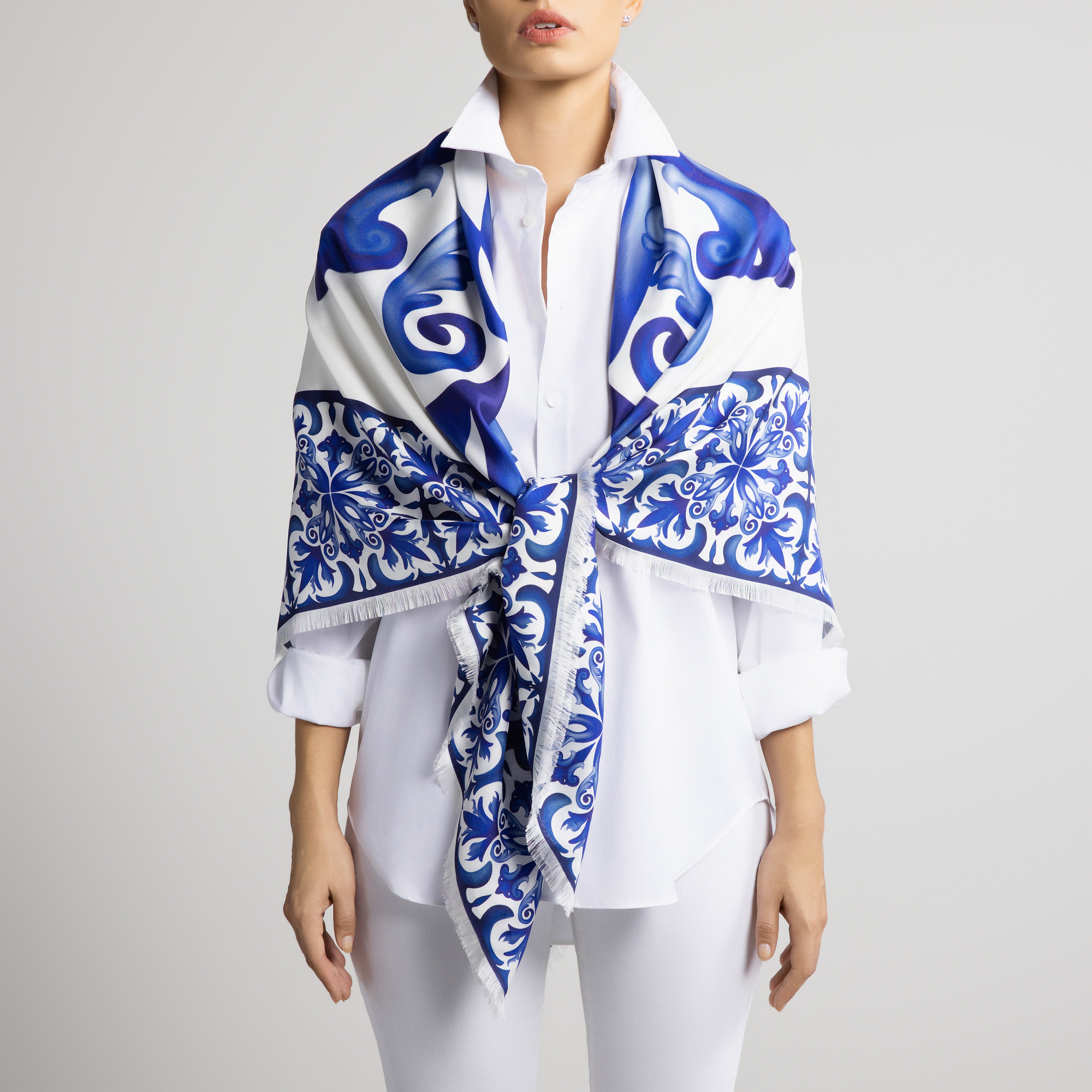Porto Grande Silk Scarf in White with Hand-Feathered Edges