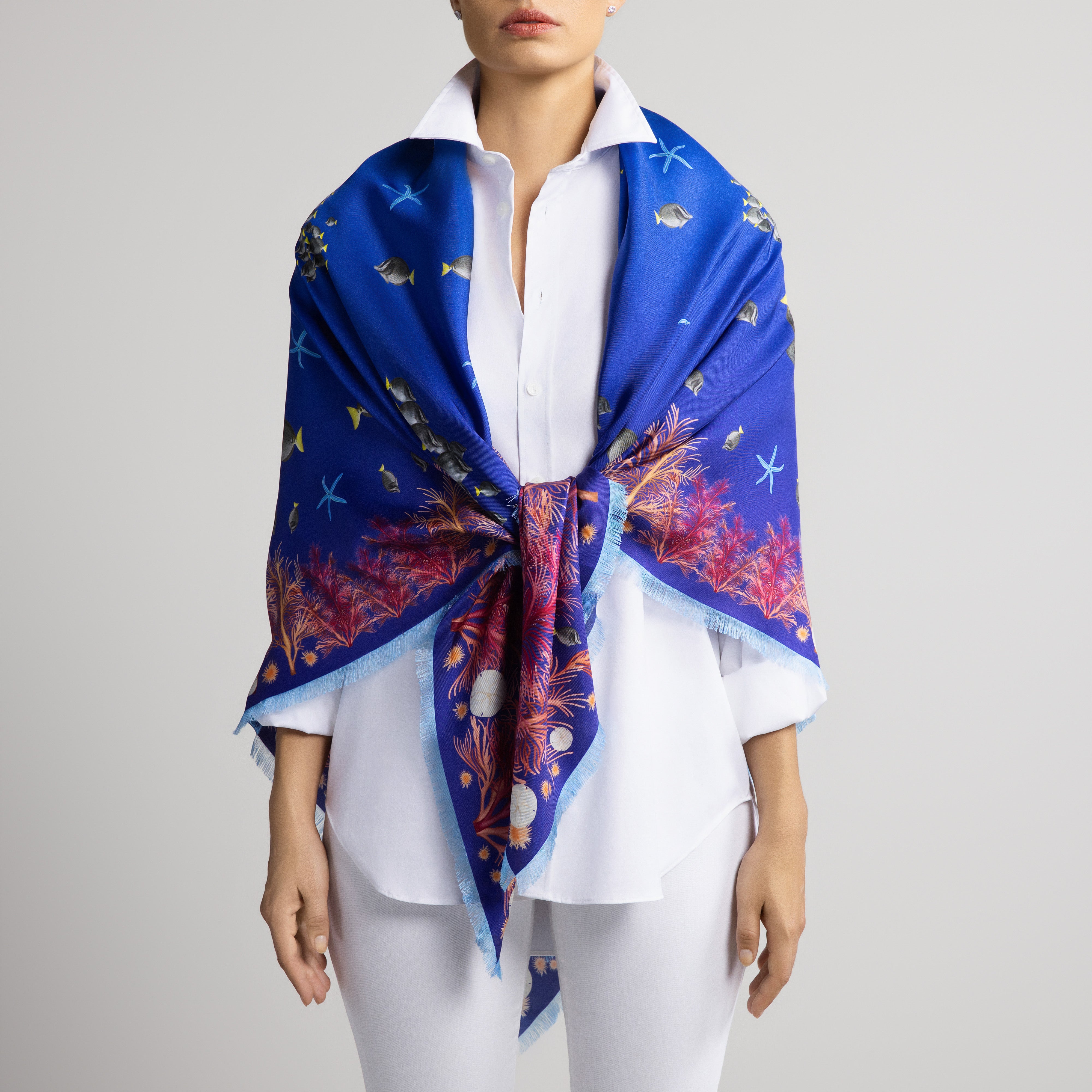 Galapagos Grande Silk Scarf in Blue Ombré with Hand-Feathered Edges