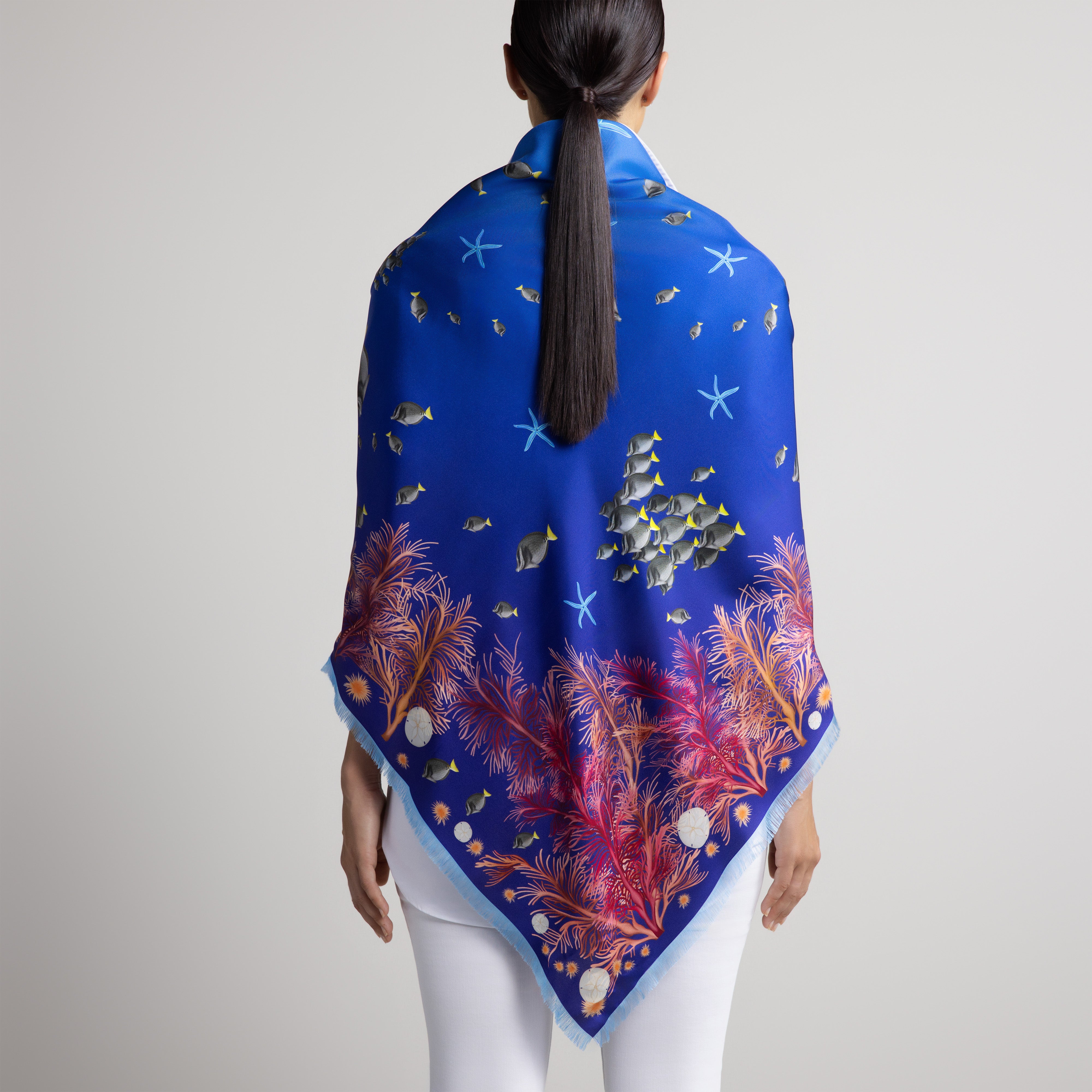 Galapagos Grande Silk Scarf in Blue Ombré with Hand-Feathered Edges