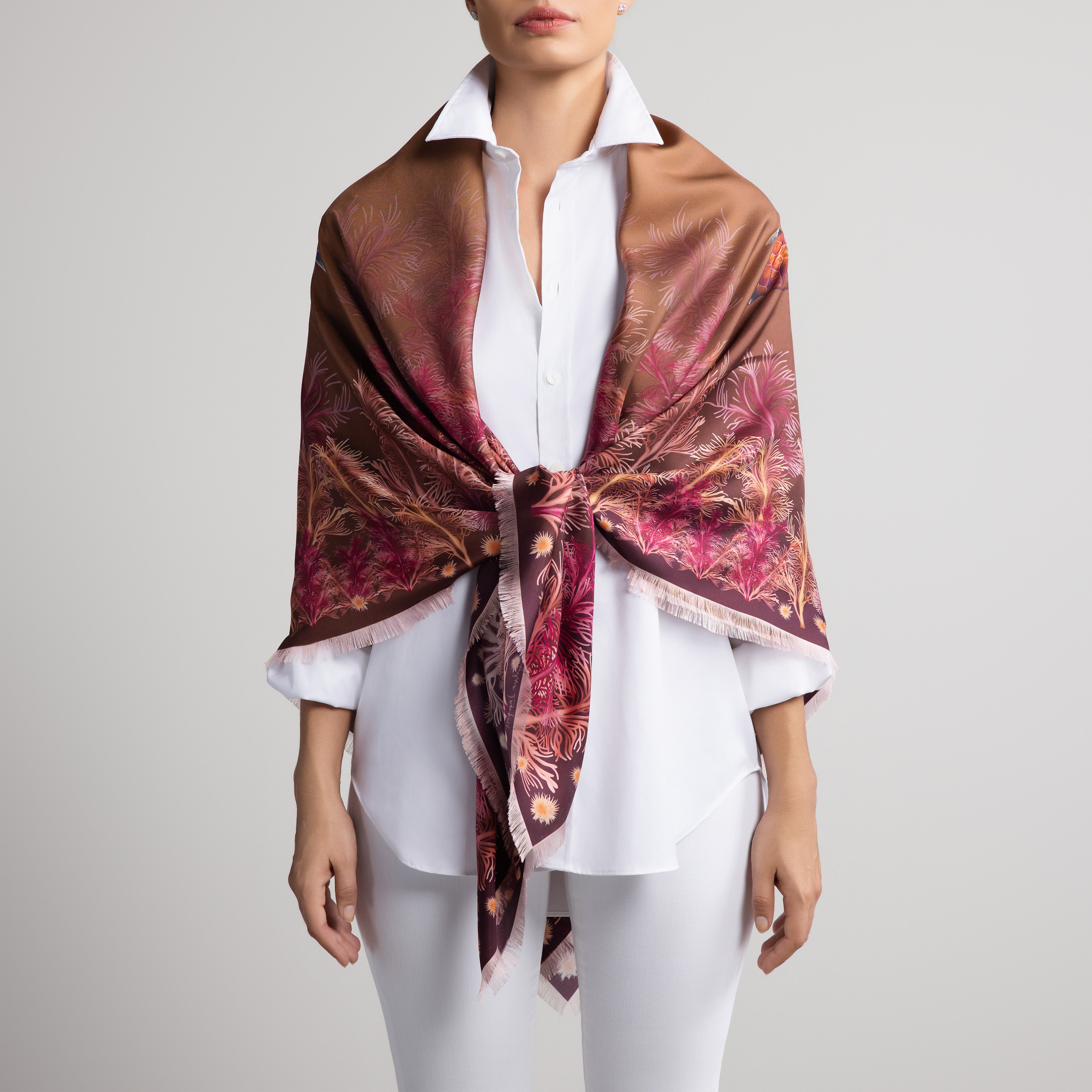Galapagos Grande Silk Scarf in Brown Ombré with Hand-Feathered Edges