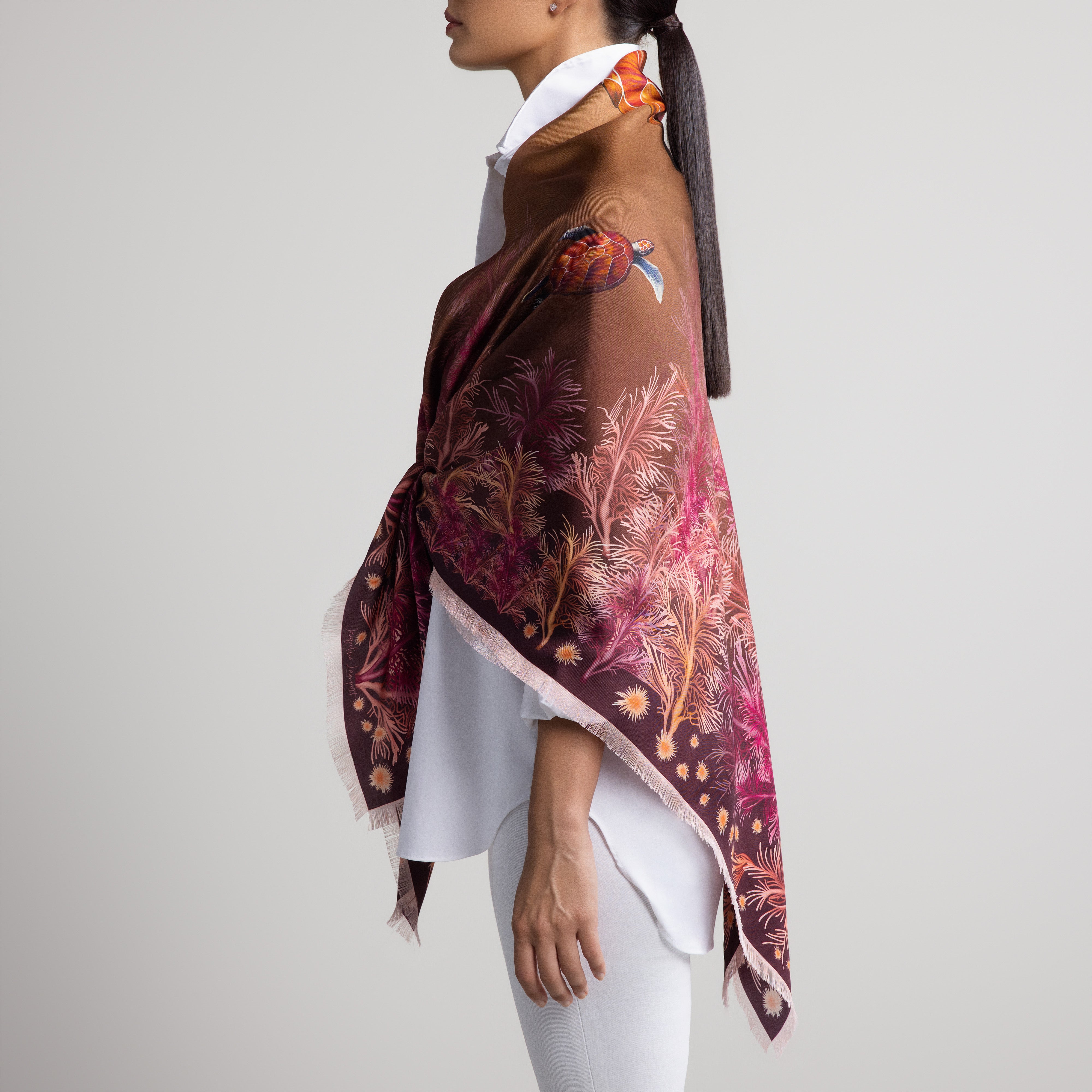 Galapagos Grande Silk Scarf in Brown Ombré with Hand-Feathered Edges