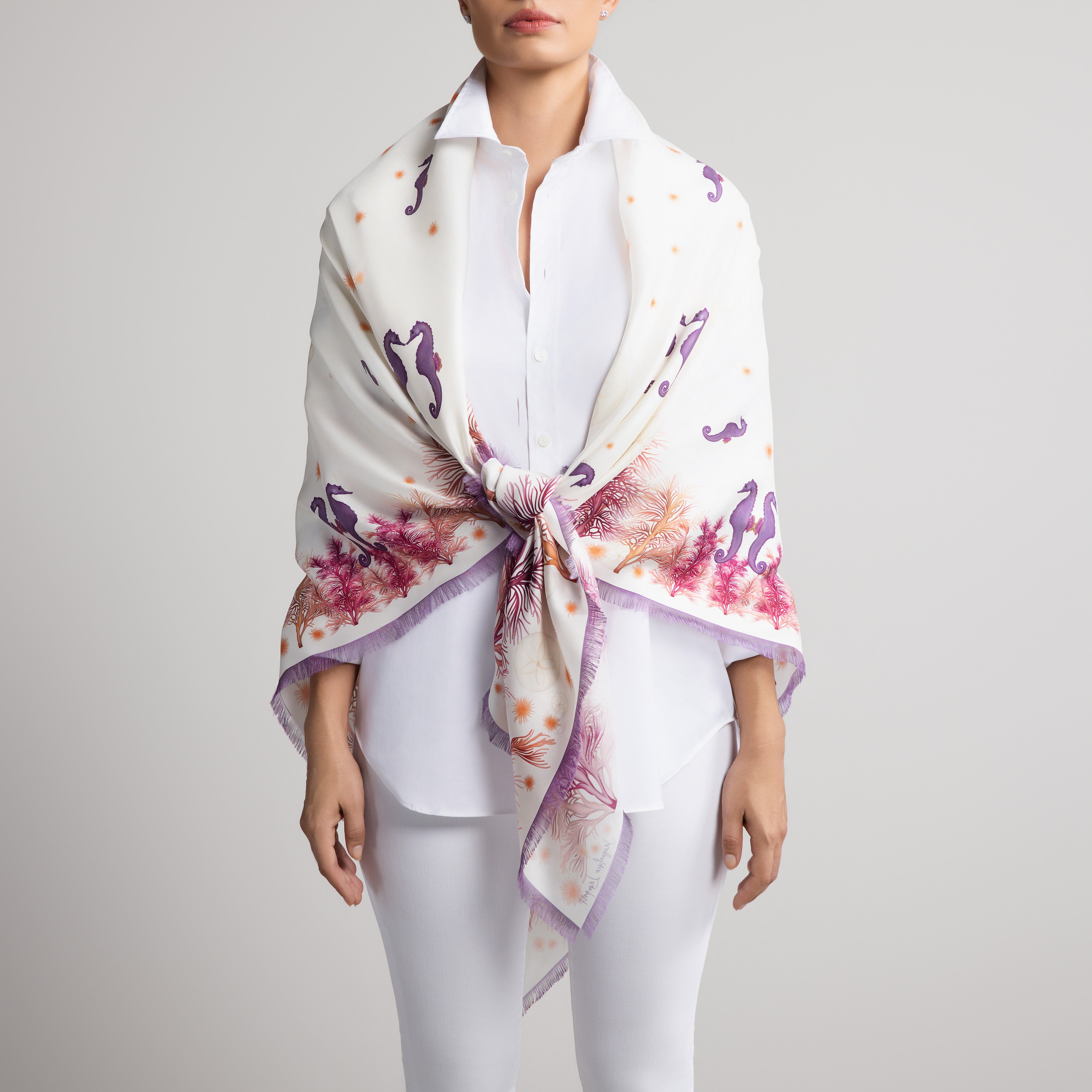 Galapagos Grande Silk Scarf in Cream with Hand-Feathered Edges
