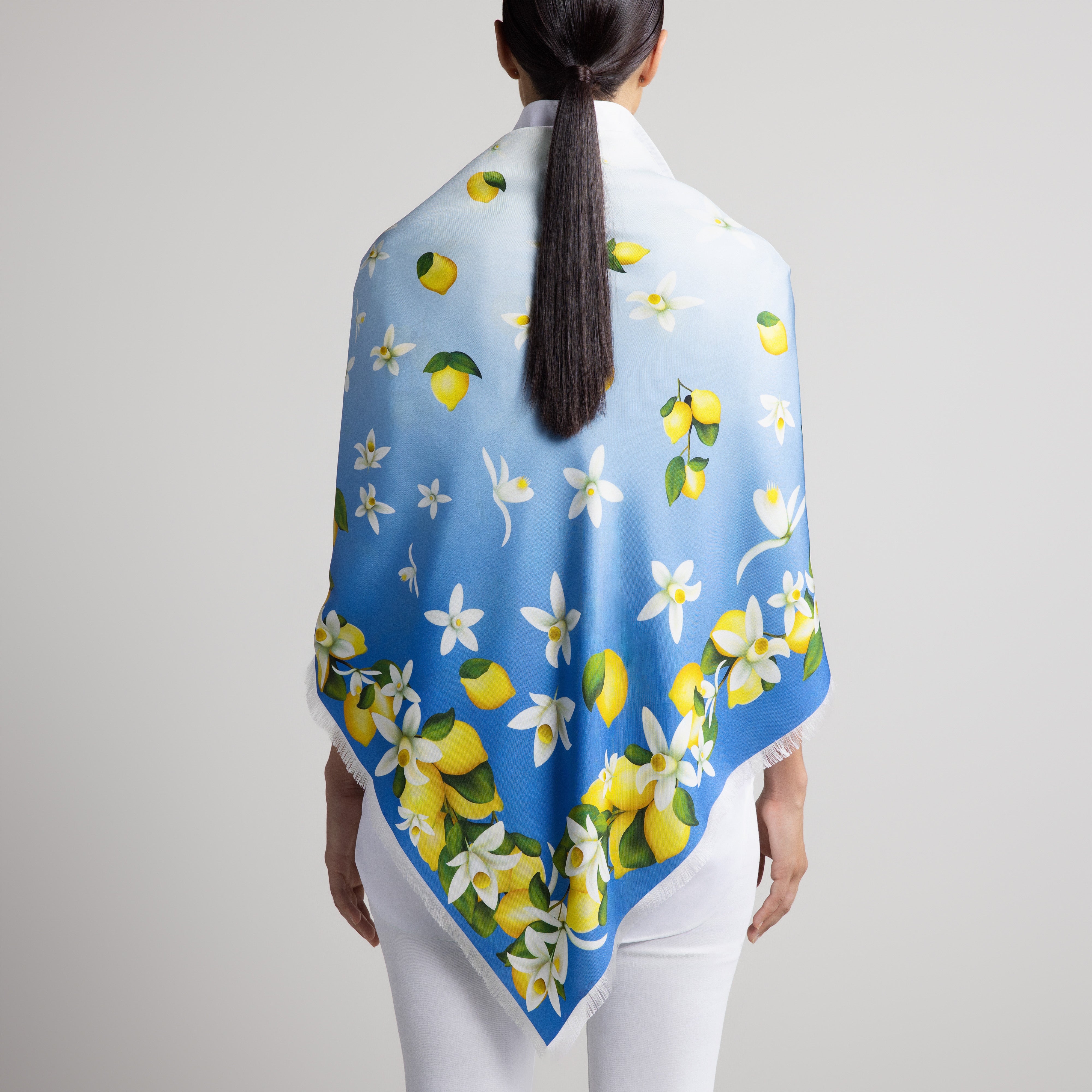 Capri Grande Silk Scarf in Sky Blue with Hand-Feathered Edges