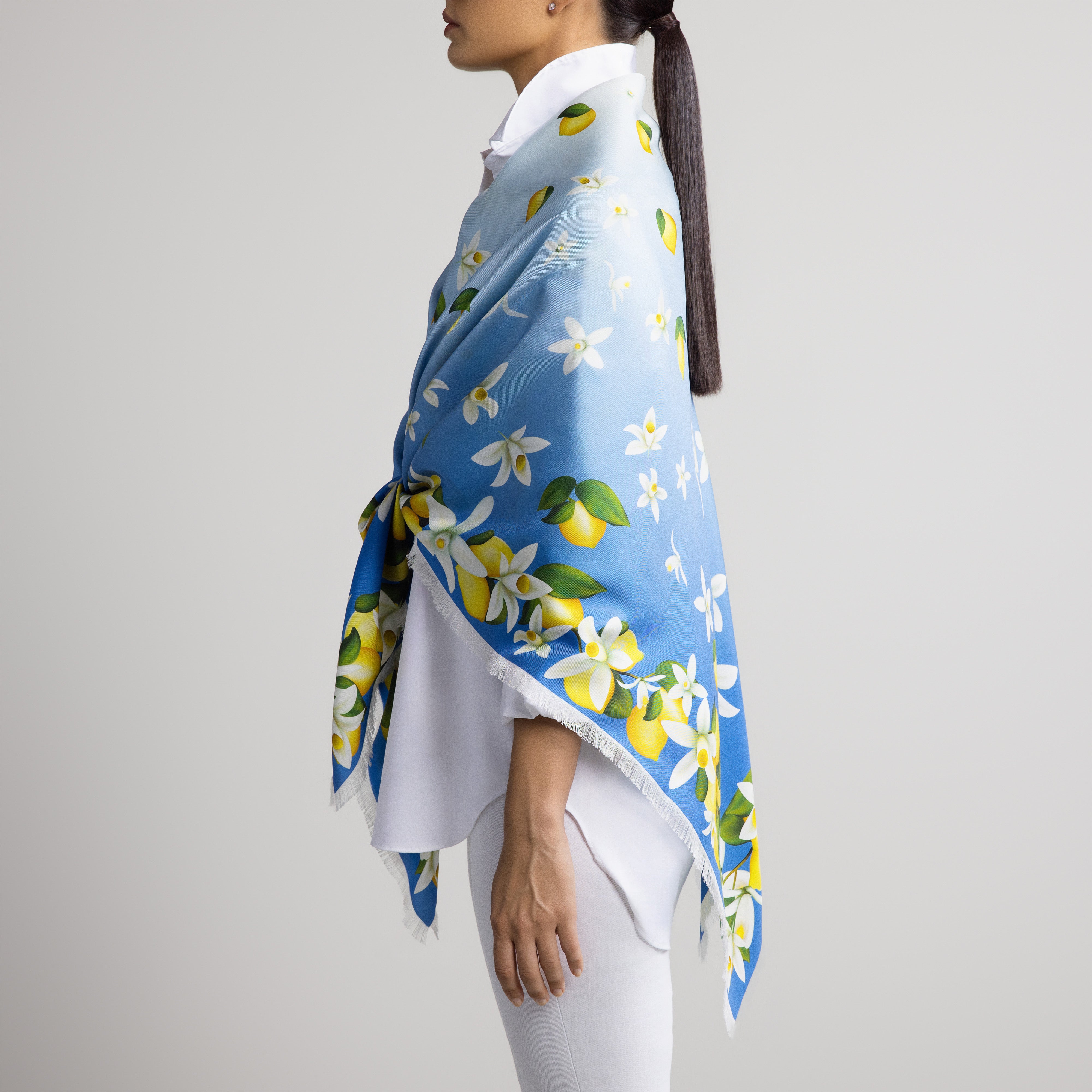 Capri Grande Silk Scarf in Sky Blue with Hand-Feathered Edges