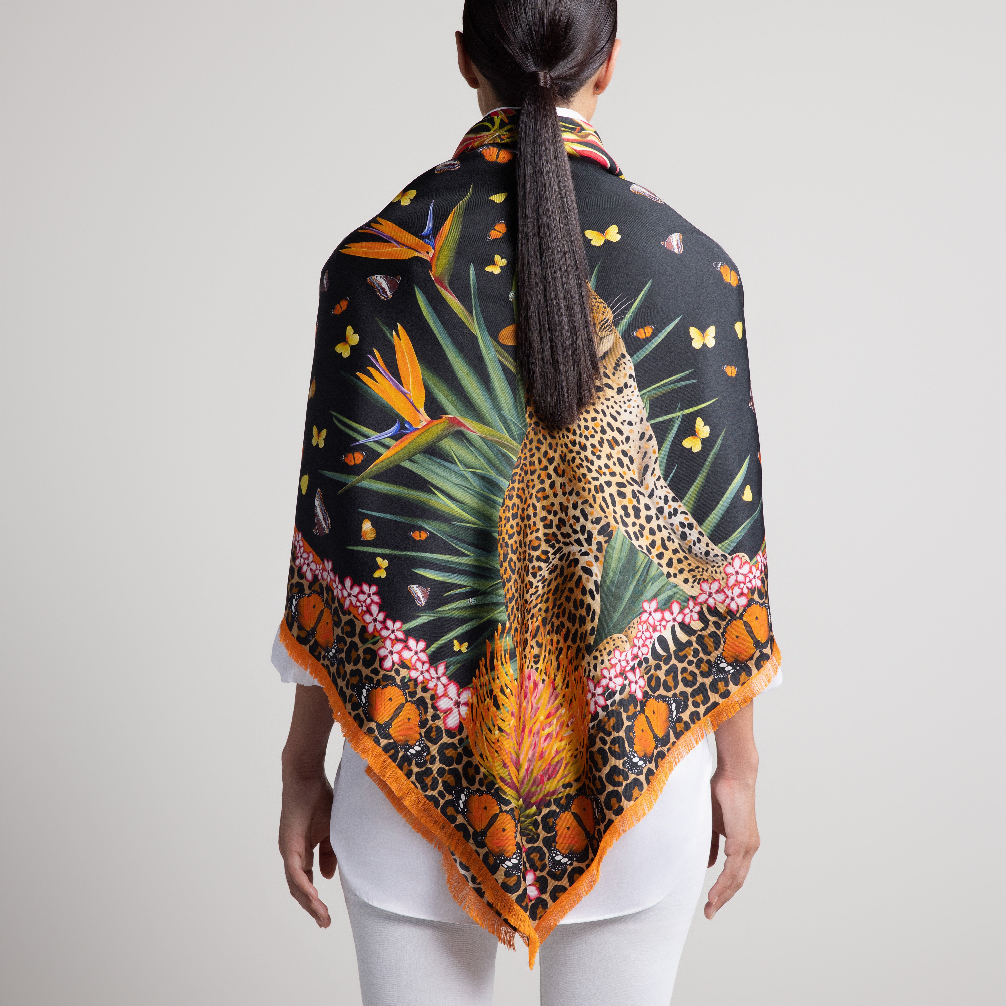 Leopard & Butterfly Grande Silk Scarf in Black with Hand-Feathered Edges