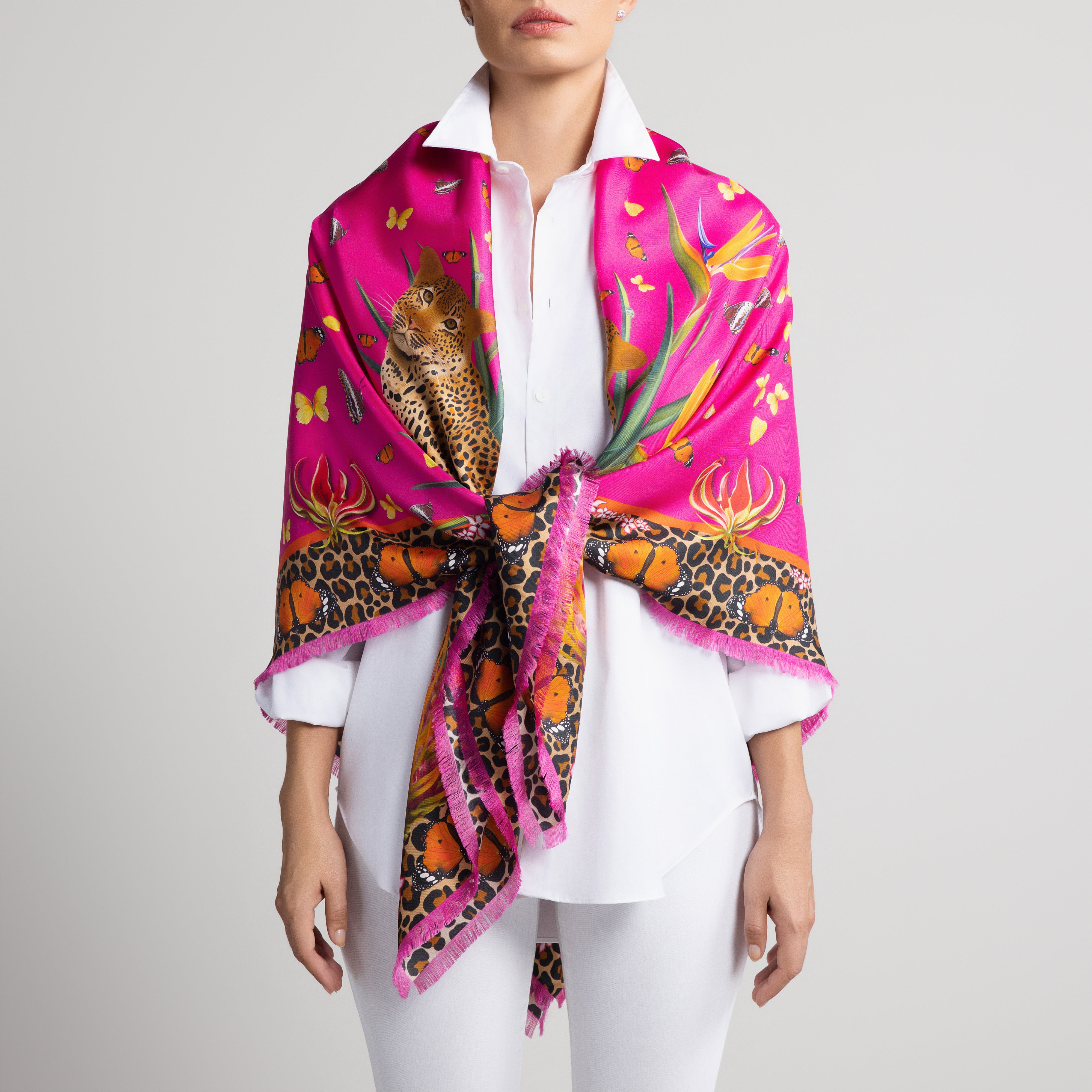 Leopard & Butterfly Grande Silk Scarf in Hot Pink with Hand-Feathered Edges