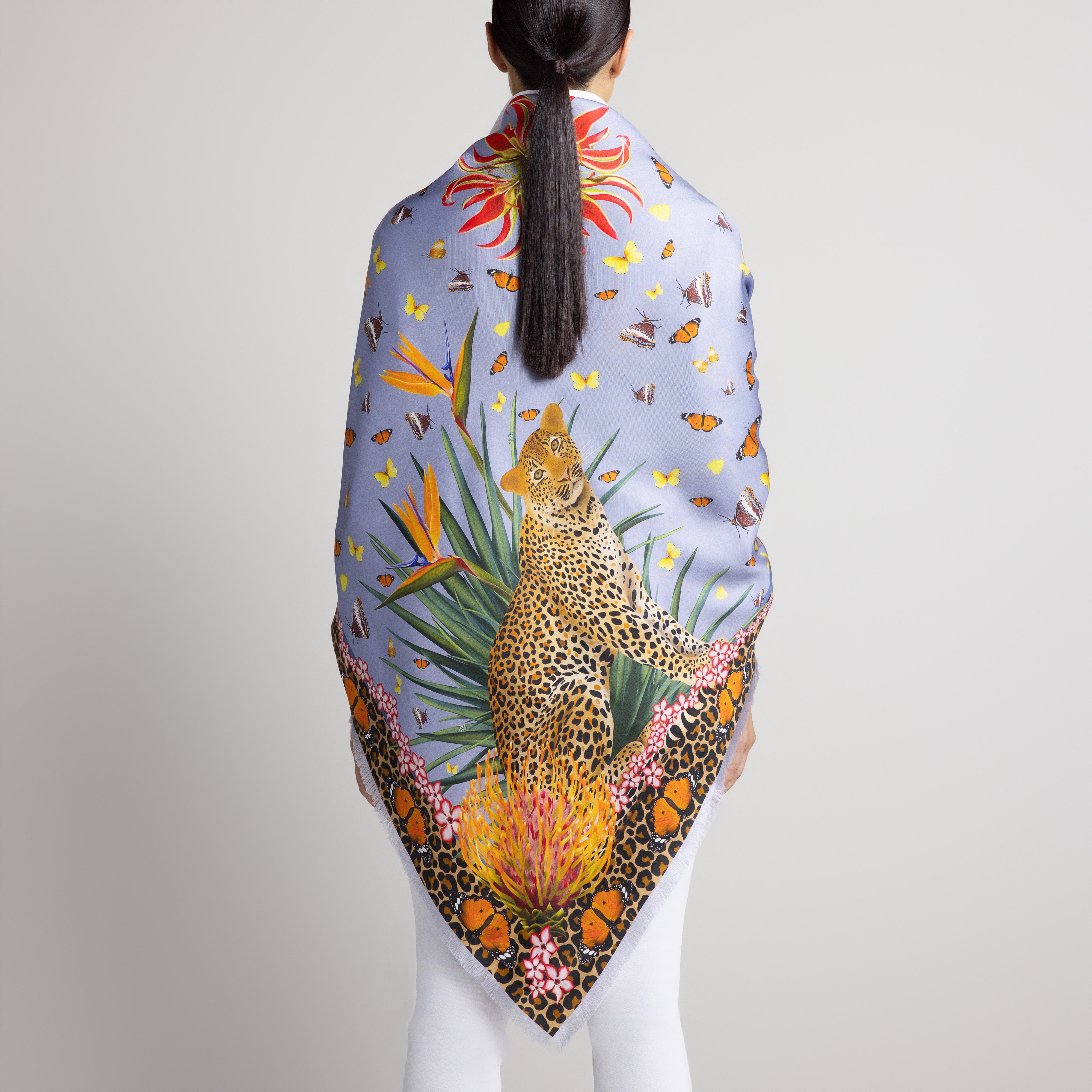 Leopard & Butterfly Grande Silk Scarf in Light Blue with Hand-Feathered Edges