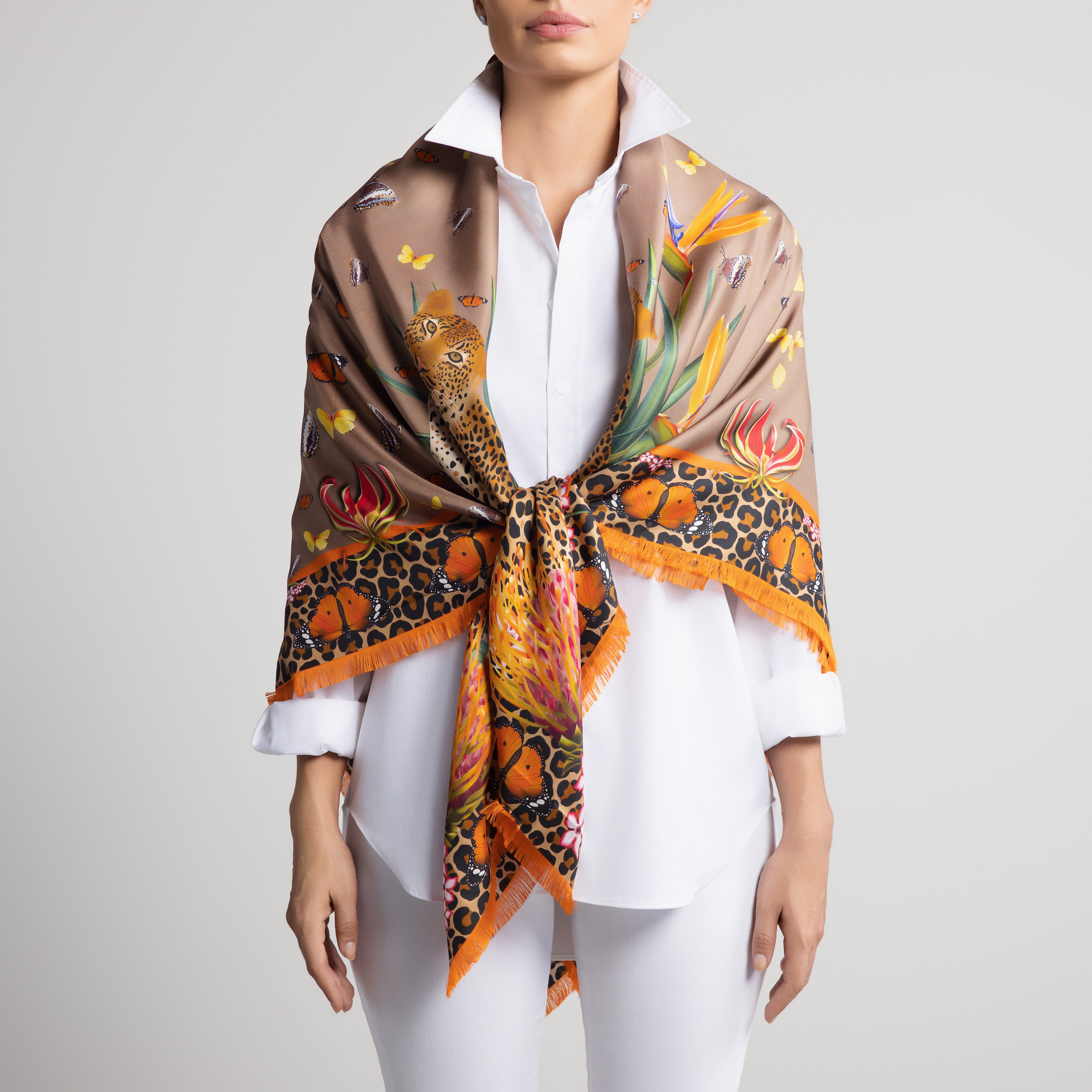 Leopard & Butterfly Grande Silk Scarf in Tan with Hand-Feathered Edges