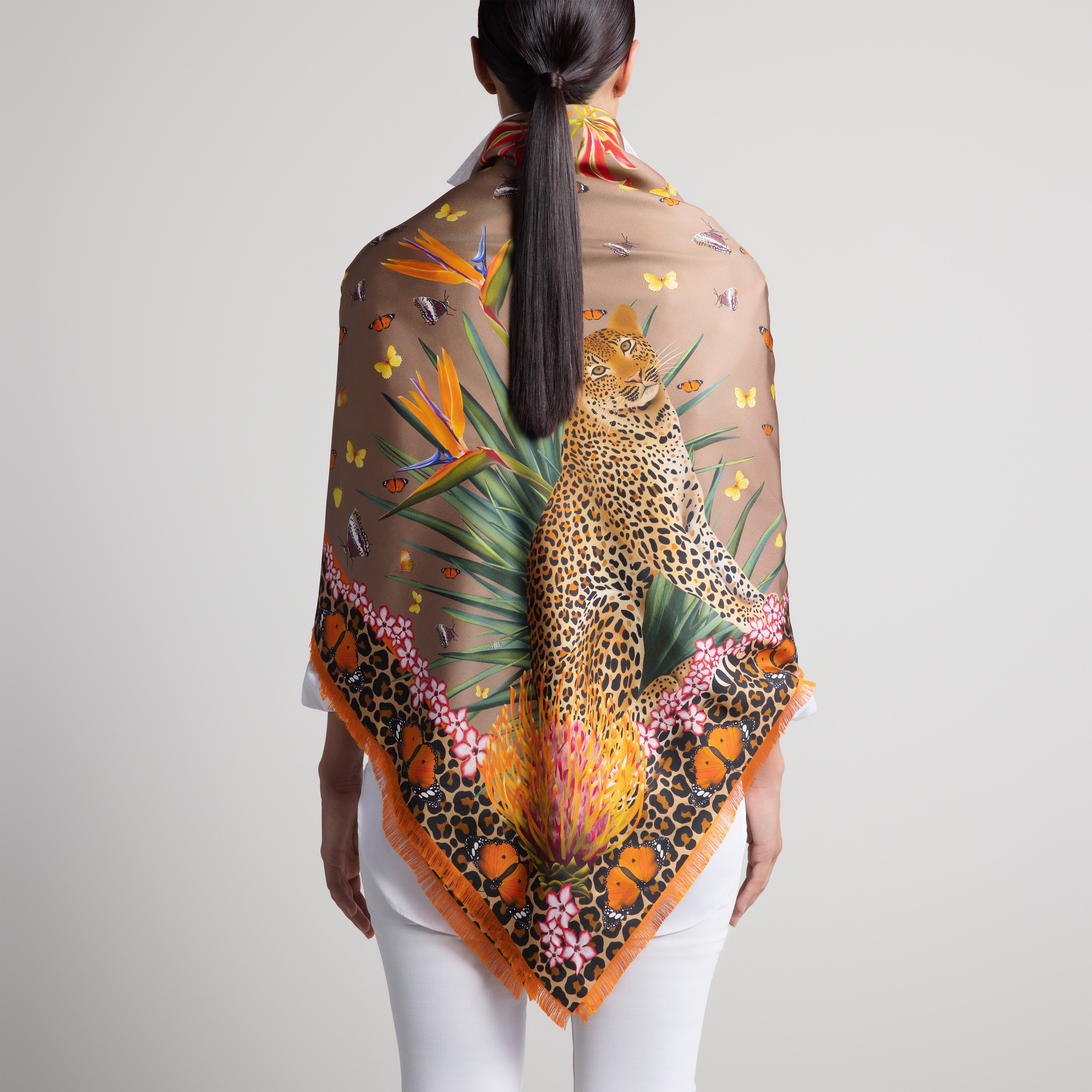 Leopard & Butterfly Grande Silk Scarf in Tan with Hand-Feathered Edges
