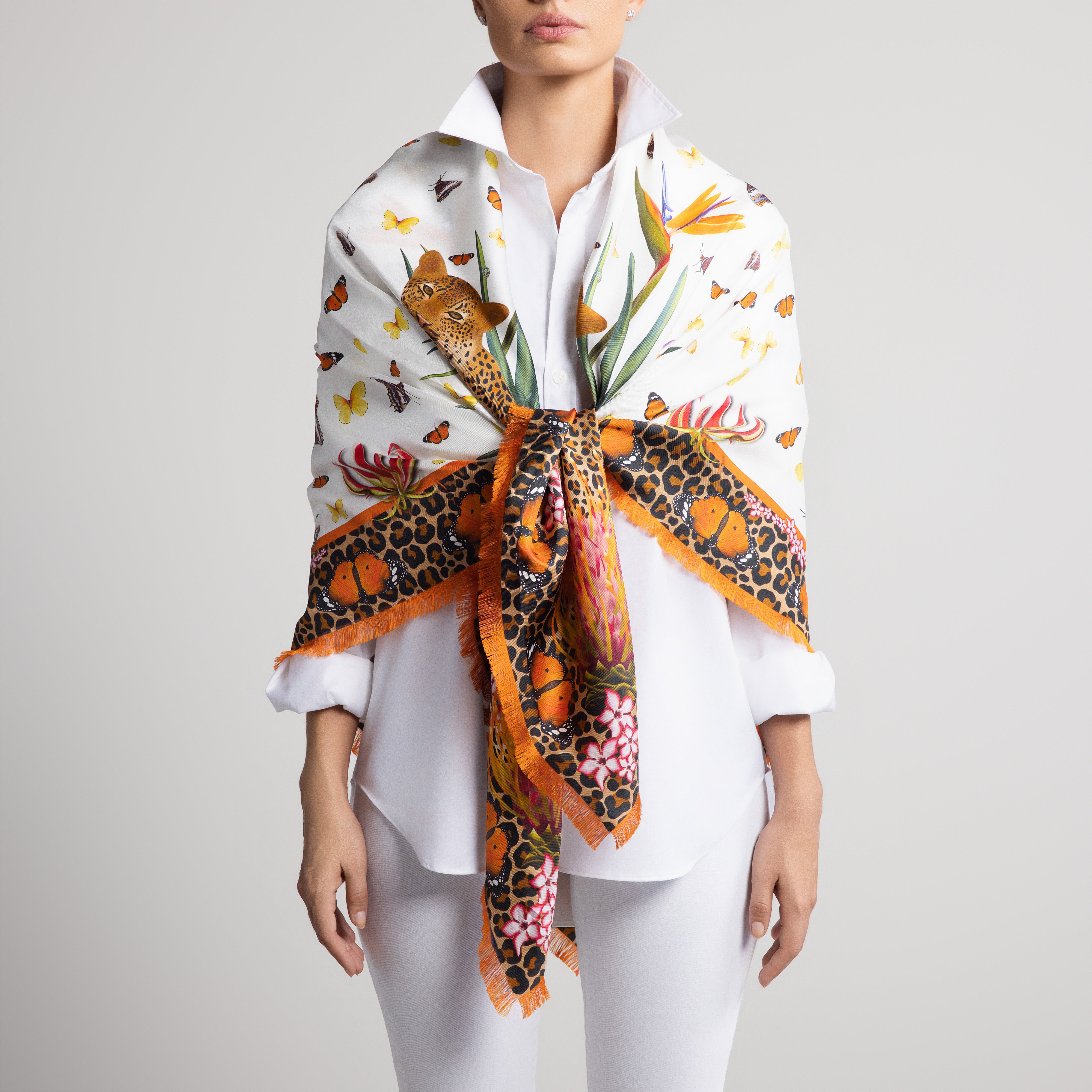 Leopard & Butterfly Grande Silk Scarf in White with Hand-Feathered Edges