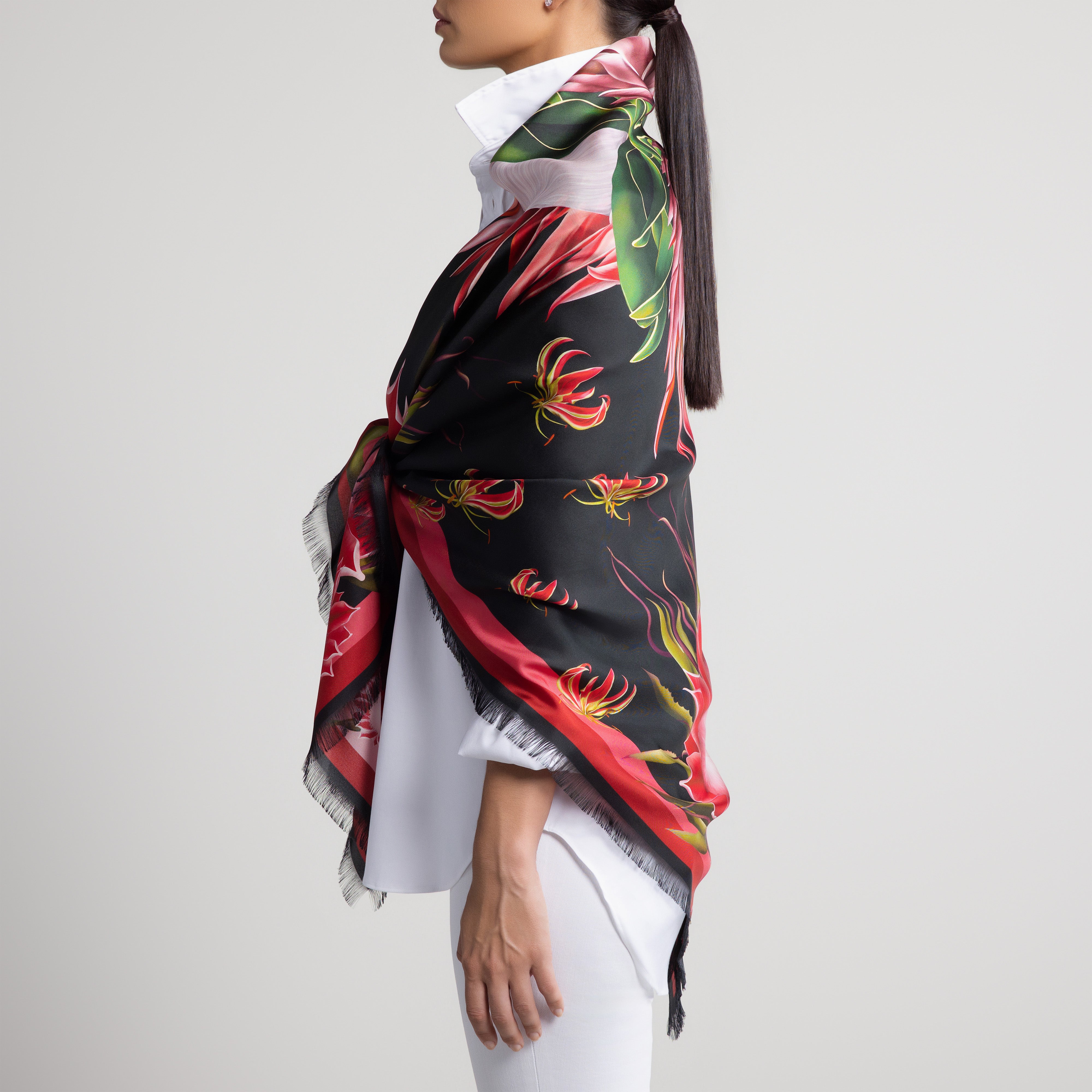 Protea Grande Silk Scarf in Black with Hand-Feathered Edges