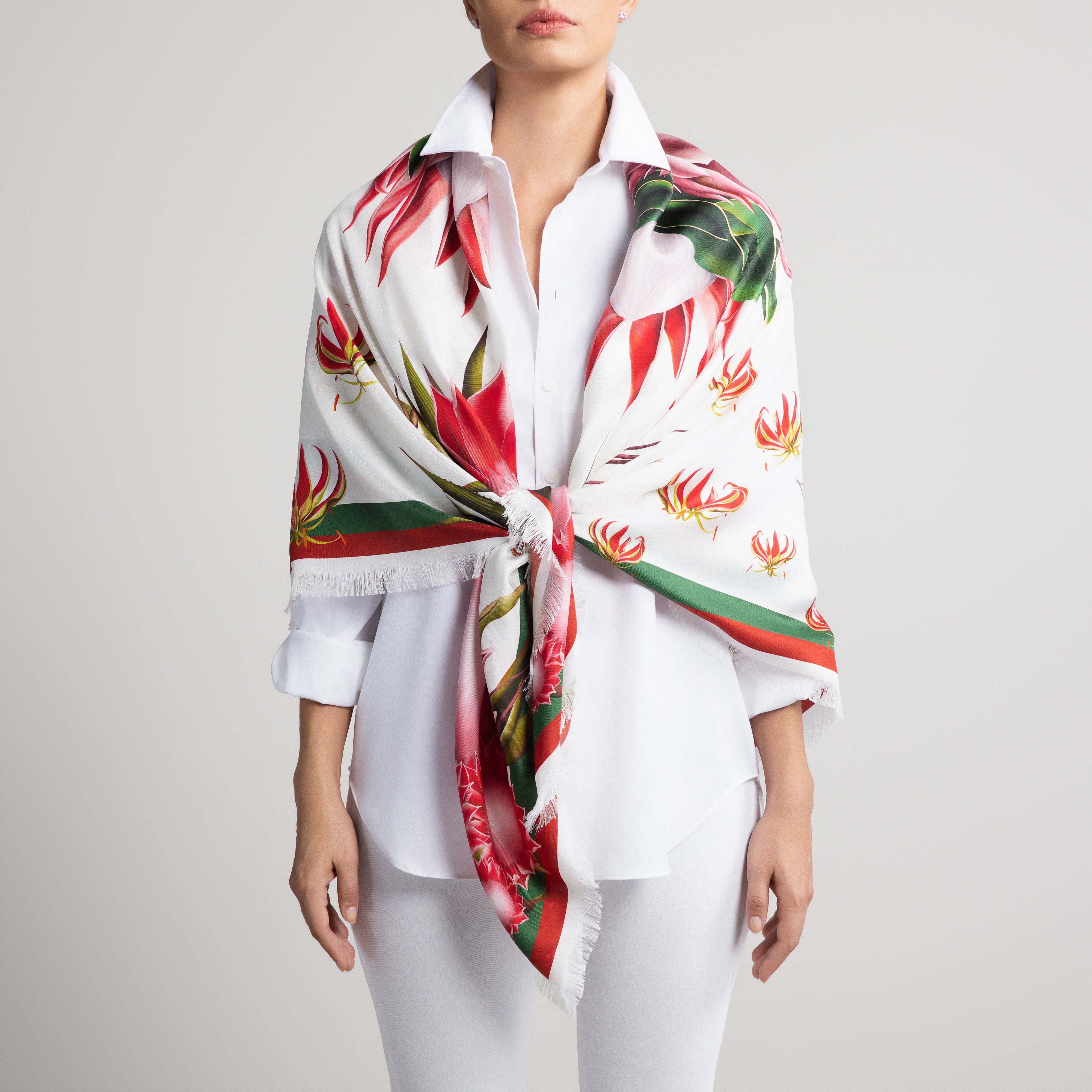 Protea Grande Silk Scarf in White with Hand-Feathered Edges
