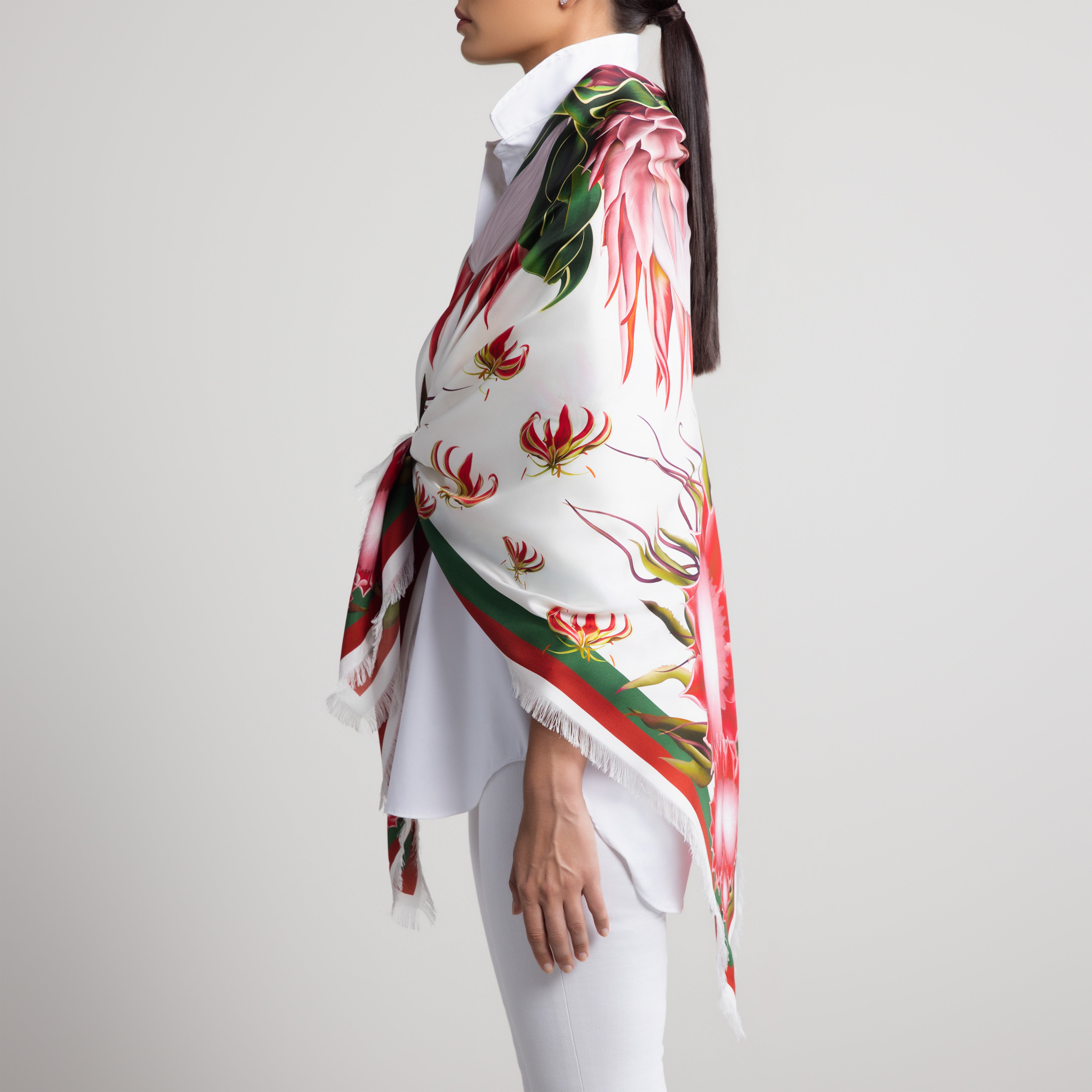 Protea Grande Silk Scarf in White with Hand-Feathered Edges